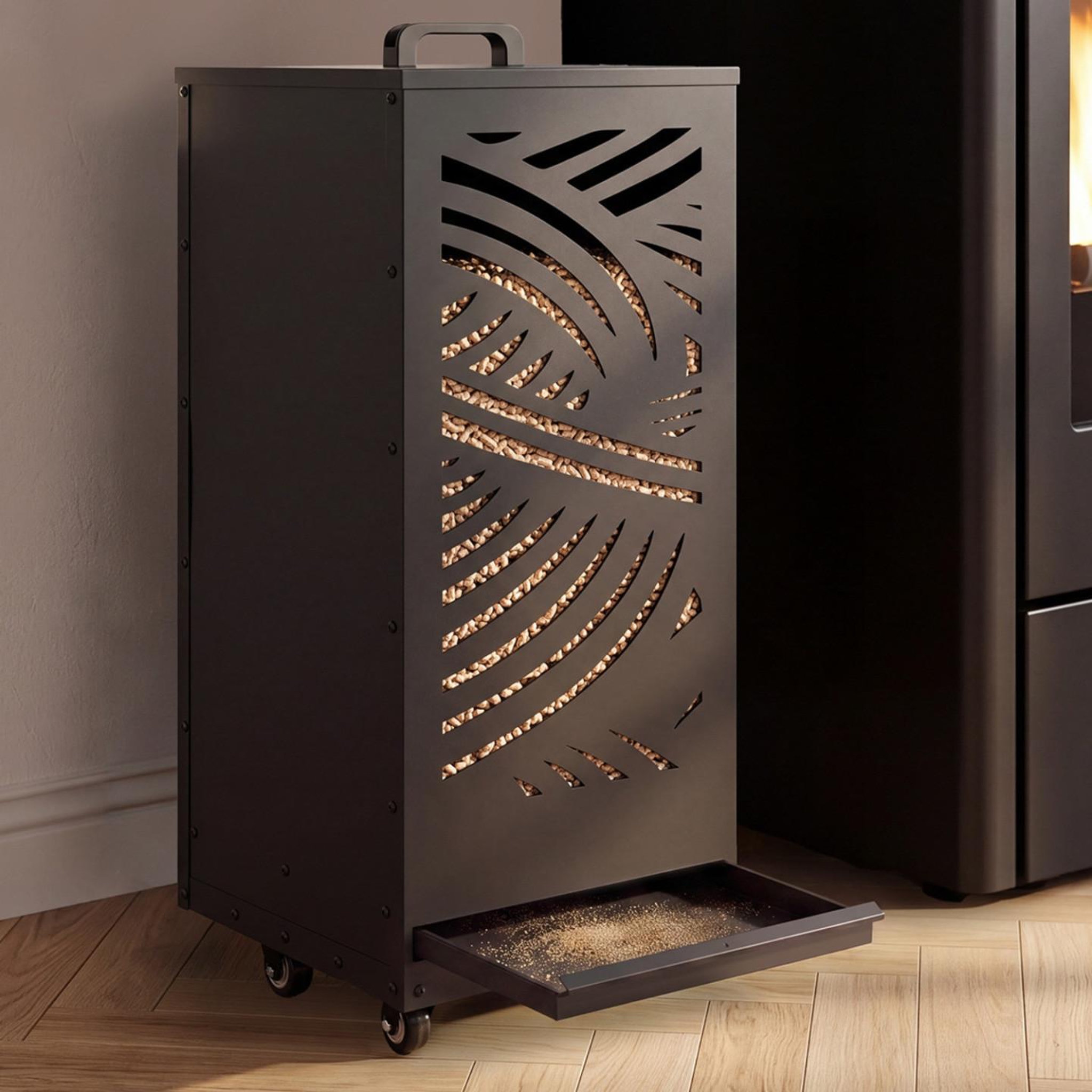 Voir la diapositive 2 : ID MARKET Réservoir à granulés 55 kg noir rangement à pellets 35 x 35 x 87 cm avec tiroir et motif