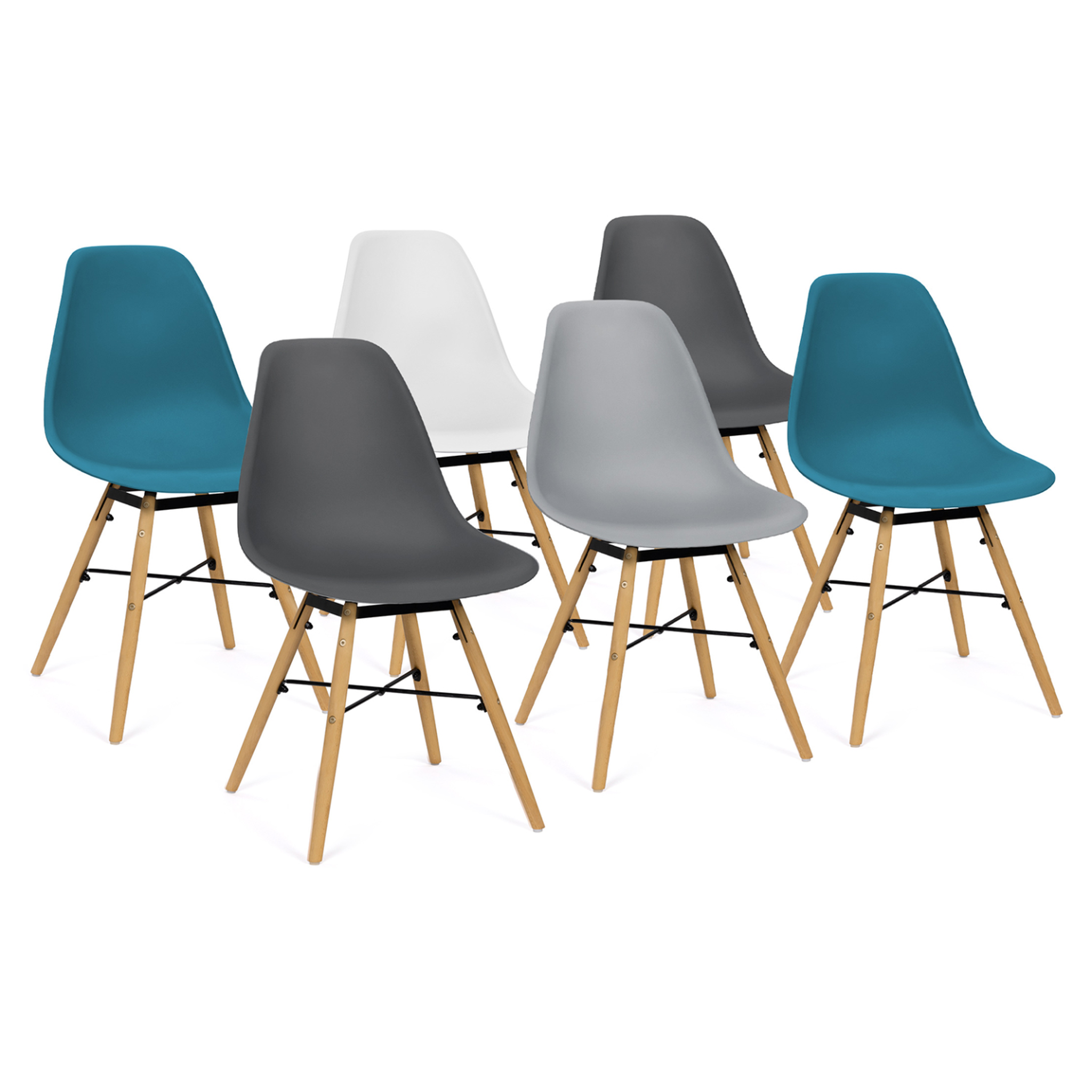 ID MARKET Lot de 6 chaises sandra mix color blanc, gris clair, gris foncé x2, bleu canard x2