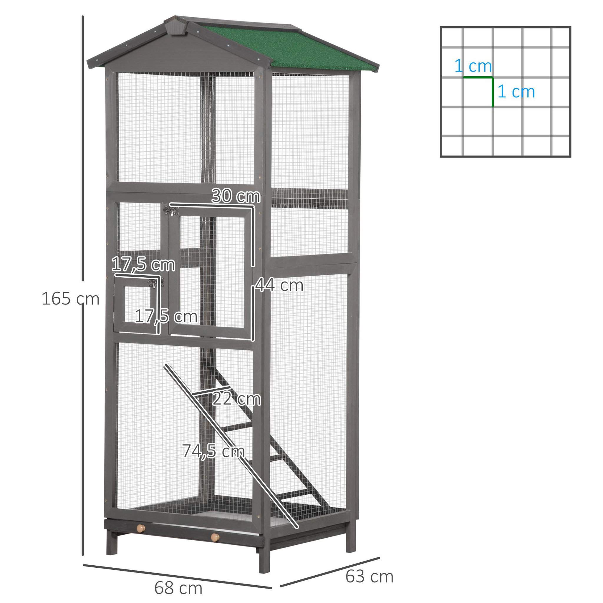 Voir la diapositive 3 : PAWHUT Cage à oiseaux volière grande taille 2 portes toit asphalte tiroir amovible bois gris
