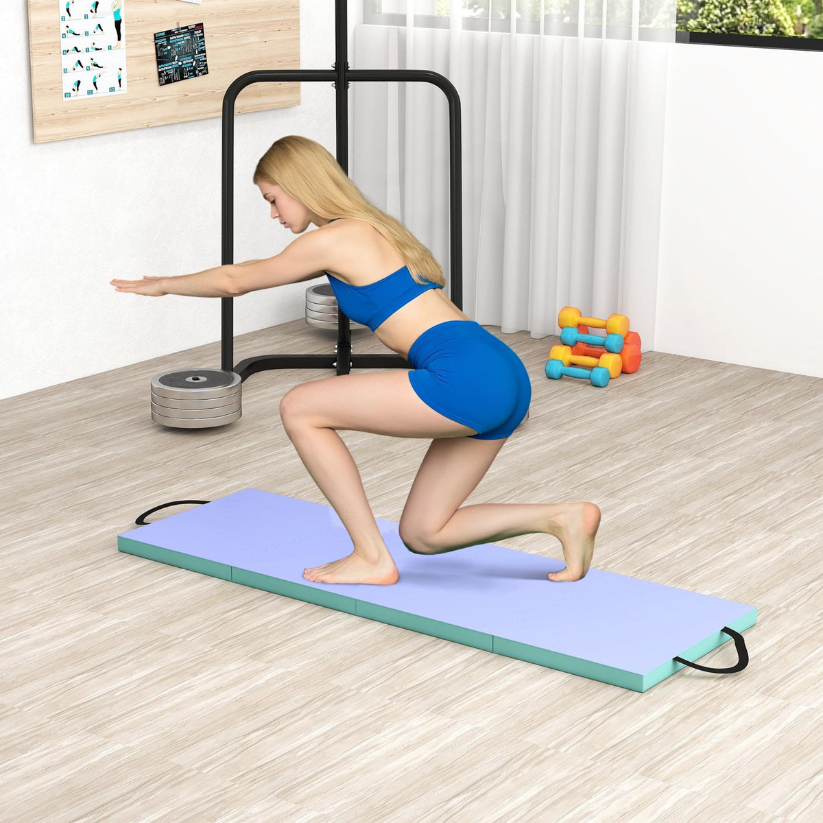 HOMCOM Tapis de gymnastique pliable portable, tapis de sport épais en 4 parties avec poignées de transport, pour yoga, fitness, étirement, 180 x 60 x 5 cm, vert et violet