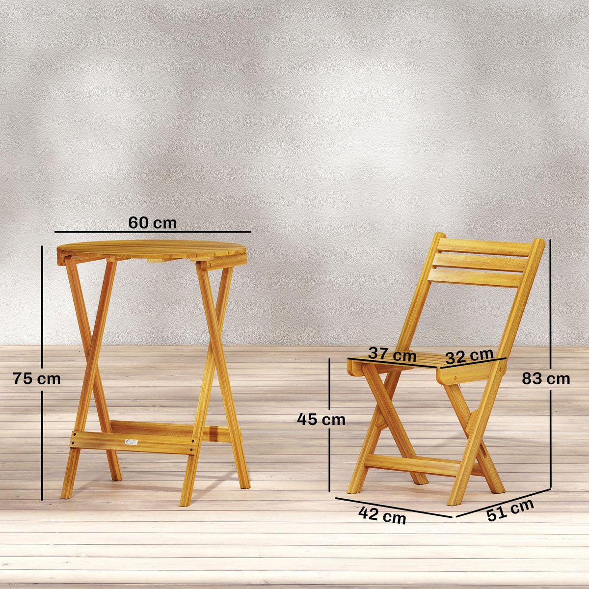 OUTSUNNY Ensemble bistro 2 places 3 pièces pliables bois acacia pré-huilé