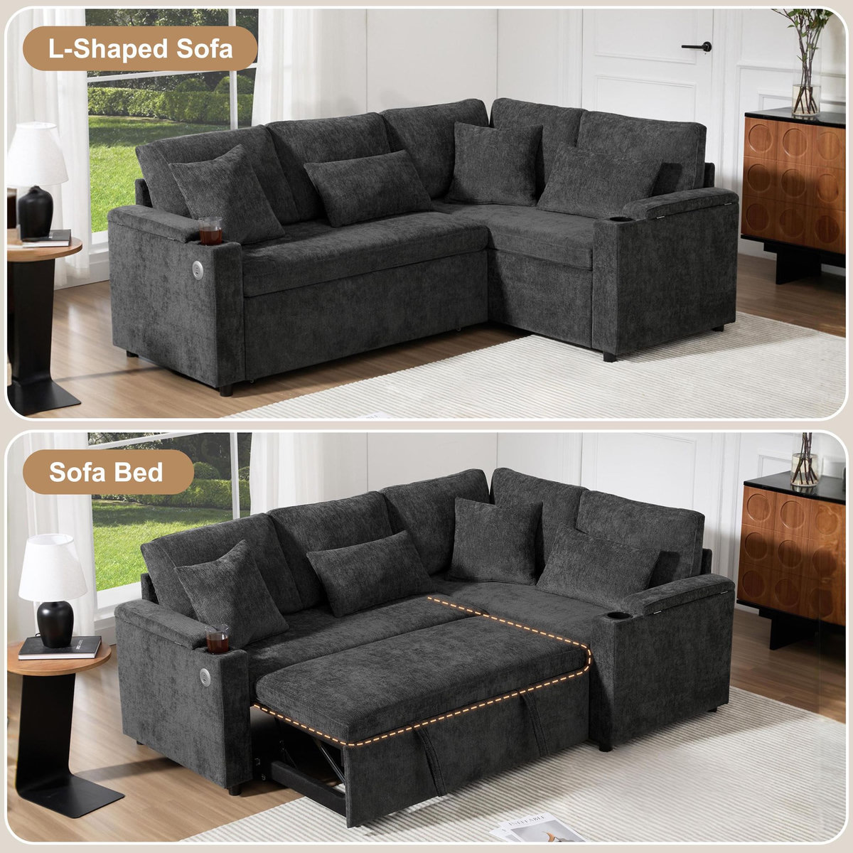 MERAX Canapé d'angle droit convertible 4 places tissu coffre de rangement