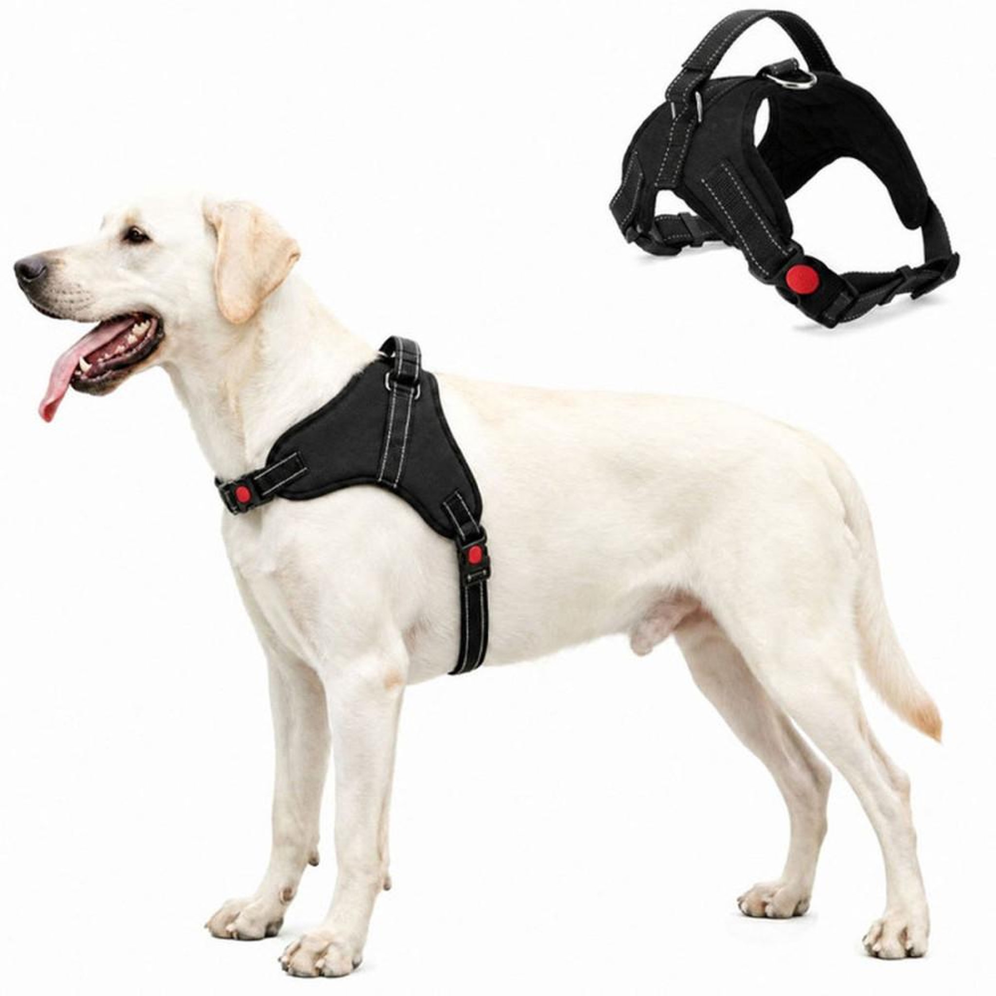 Harnais pour chien anti-traction noir taille L, tissu oxford respirant, sangles réglables, boucles à dégagement rapide, anneaux métal et bandes réfléchissantes