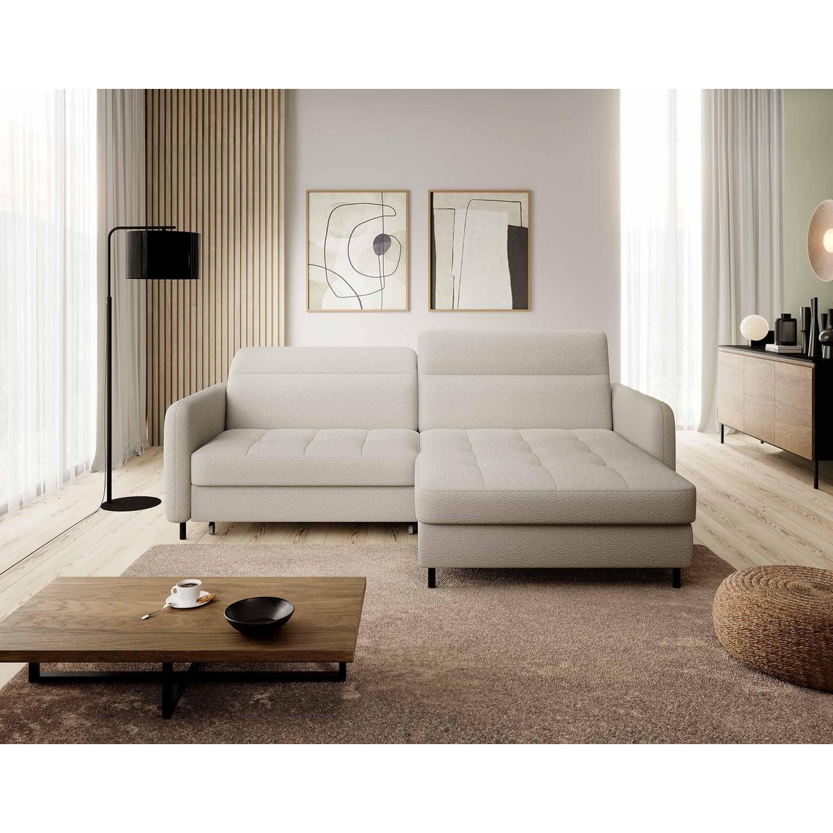 BEST MOBILIER Sagada - canapé d'angle droit 4 places - convertible avec coffre et têtières - en tissu bouclette