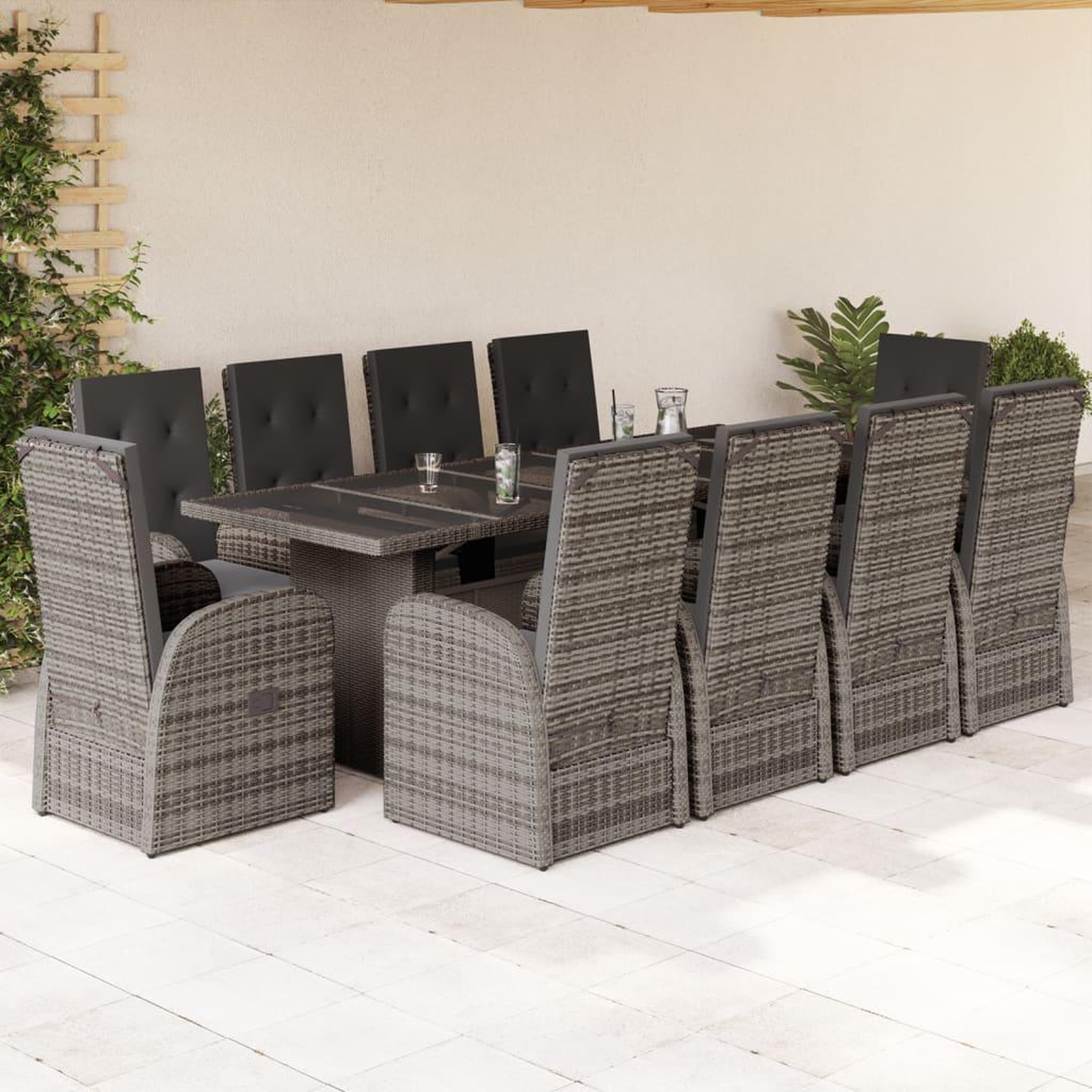 VIDAXL Ensemble a manger de jardin 11pcs avec coussins gris poly rotin
