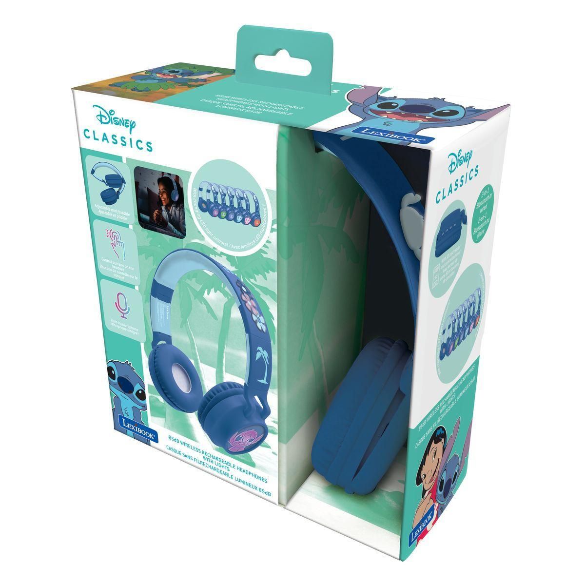 Lexibook Casque lumineux pliable Bluetooth et filaire Stitch avec limitation du volume