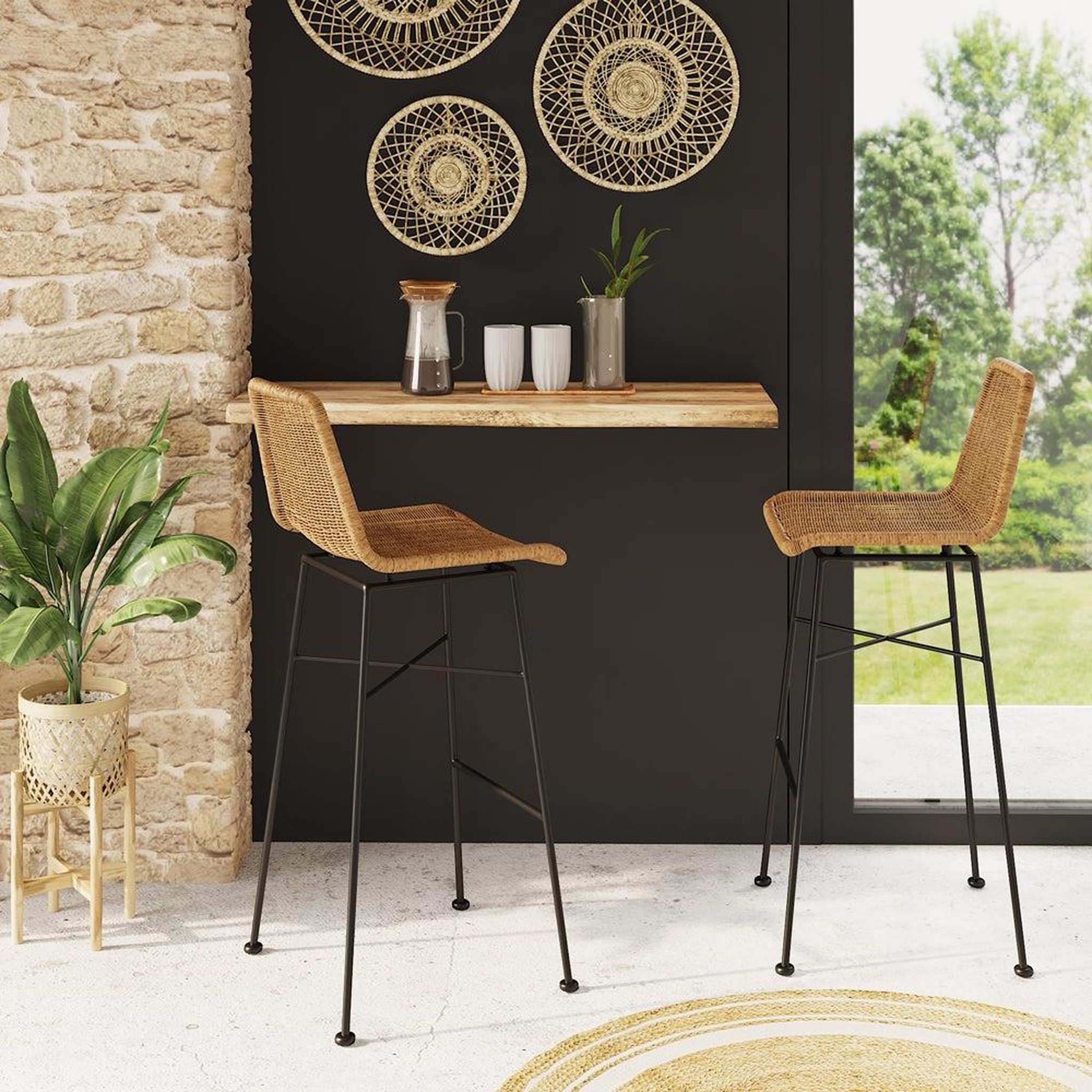 Voir la diapositive 2 : MAISON PAVANE Lot de 2 chaises de bar 76 cm en résine tressée marron-mandya