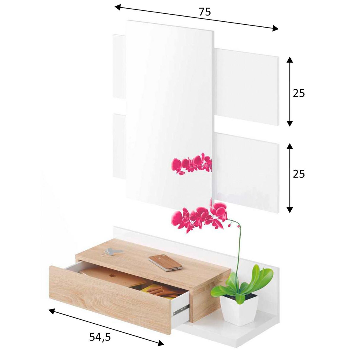 VS VENTA-STOCK Meuble d'entrée Telma avec 1 tiroir et Miroir Blanc/Chêne, 75 cm Largeur