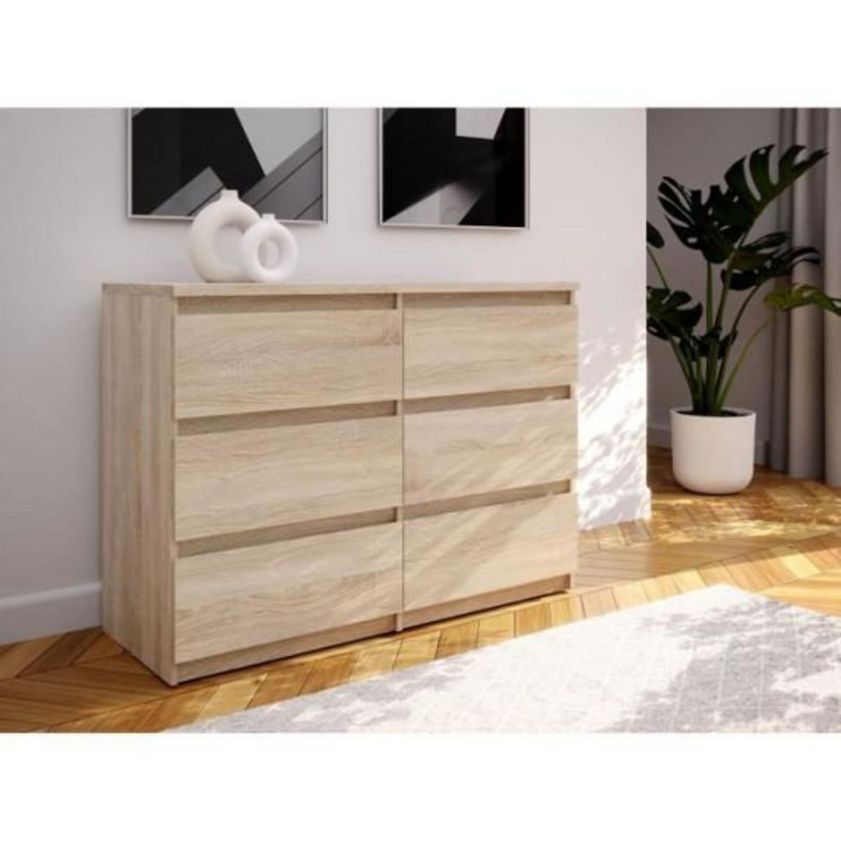 MARKET24 Commode CHELSEA 6 tiroirs - L 110 x P 42 x H 80 - Décor chene sonoma