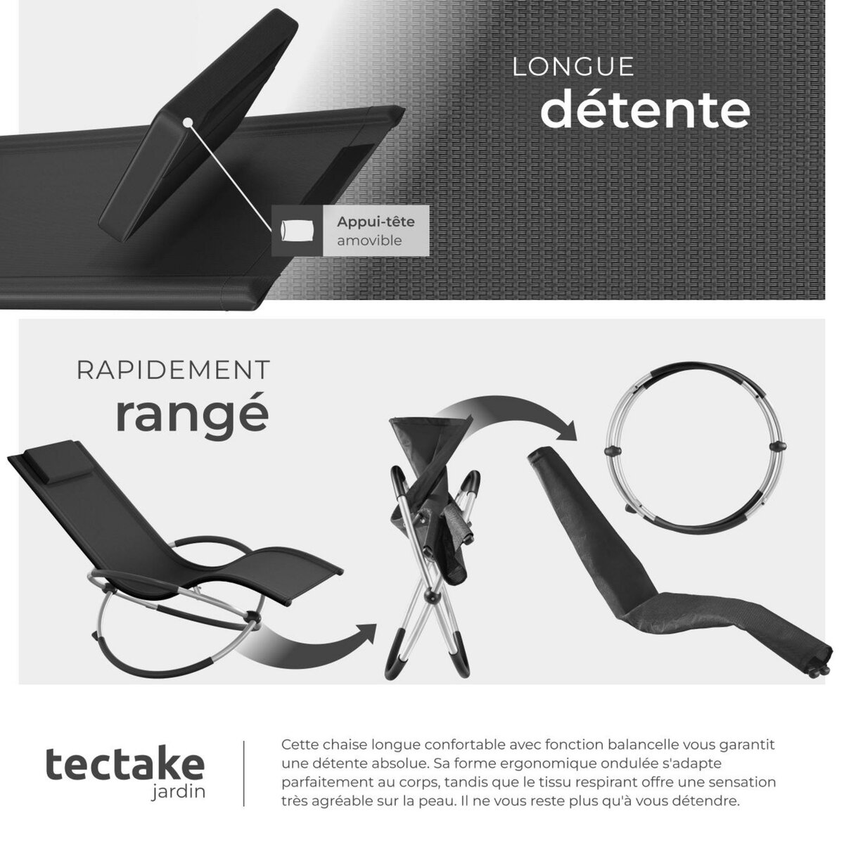 tectake Bain de soleil avec textilène noir