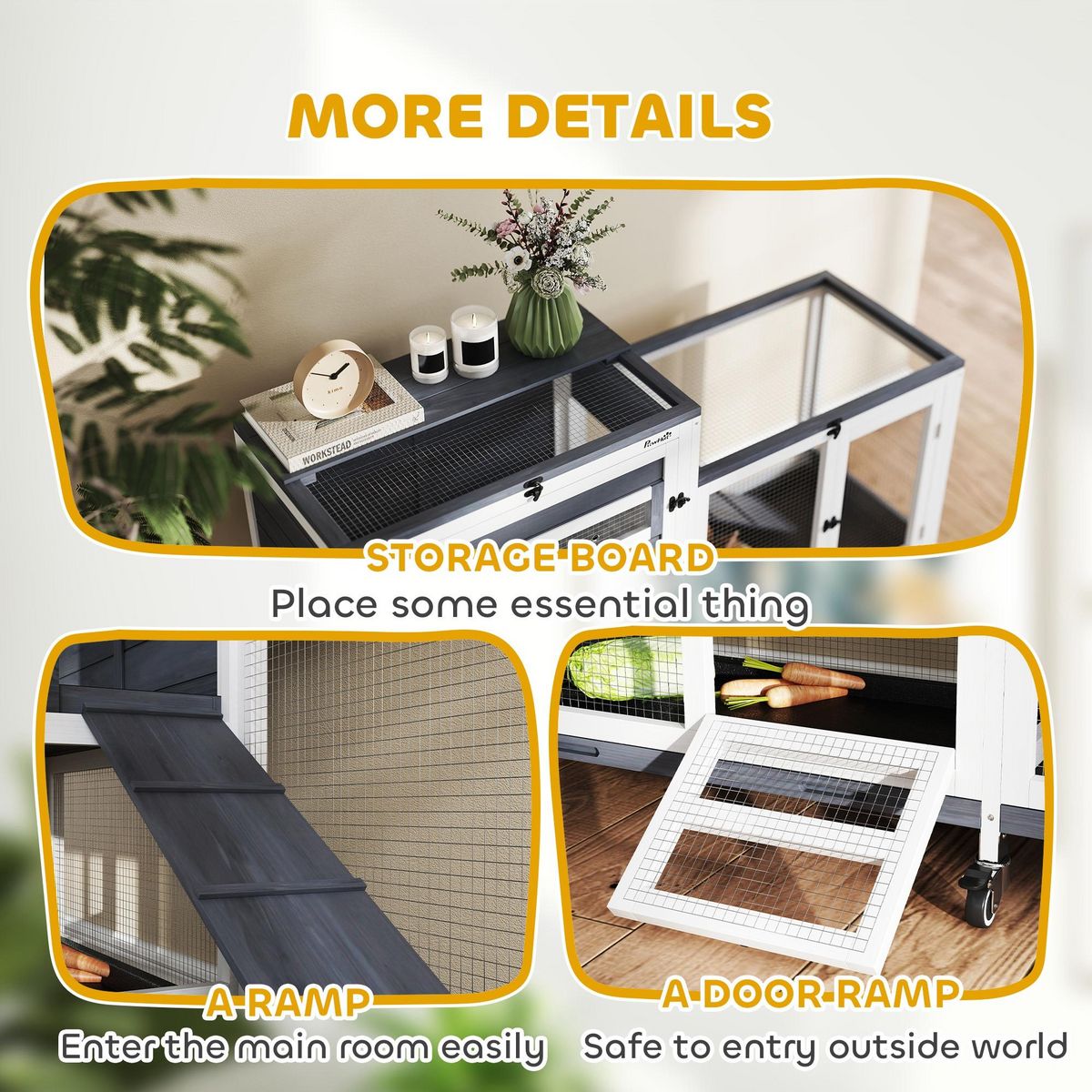 PAWHUT Clapier lapin sur roulettes - 3 portes, 2 toits ouvrants - 3 plateaux déjection - bois métal blanc gris