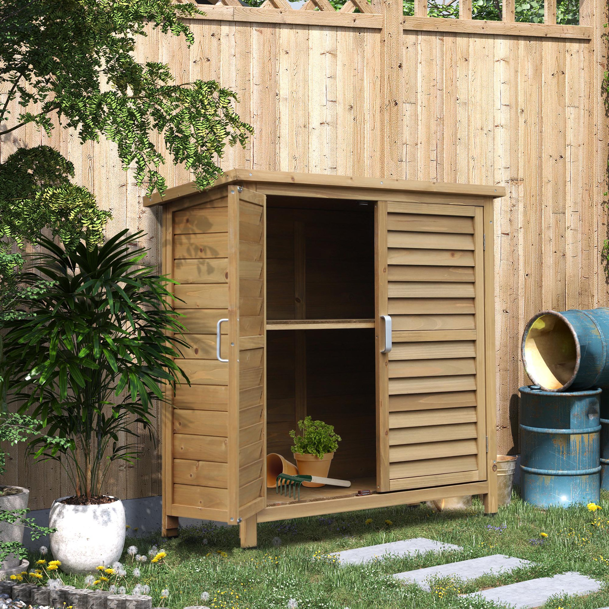 Voir la diapositive 4 : OUTSUNNY Armoire de jardin abri jardin remise pour outils sur pied dim. 87L x 46l x 96H cm étagère portes persiennes toit bitumé bois sapin autoclave vert