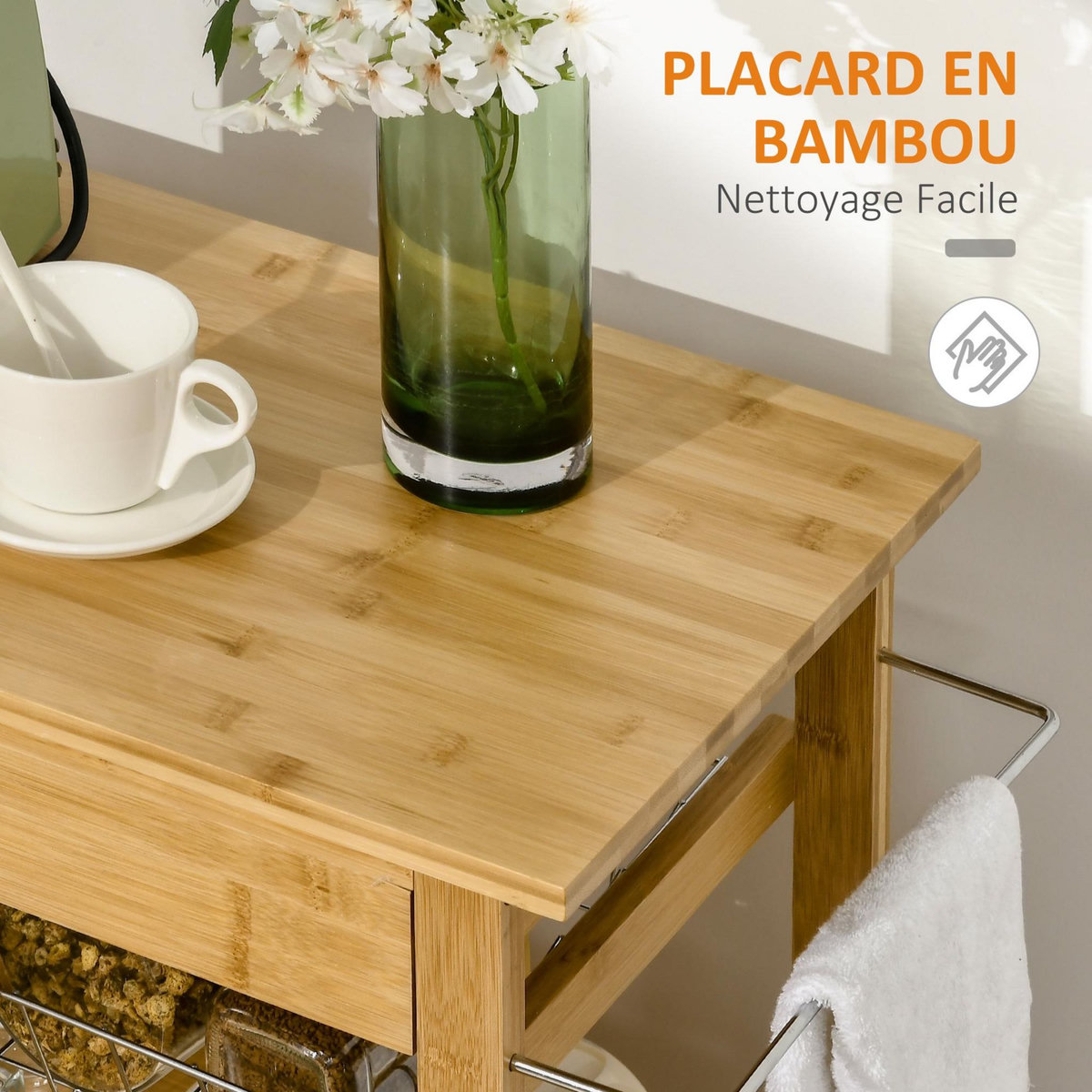 HOMCOM Desserte cuisine sur roulettes chariot de service meuble de rangement avec un tiroir, un panier coulissant, un porte-torchon et armoire en bambou