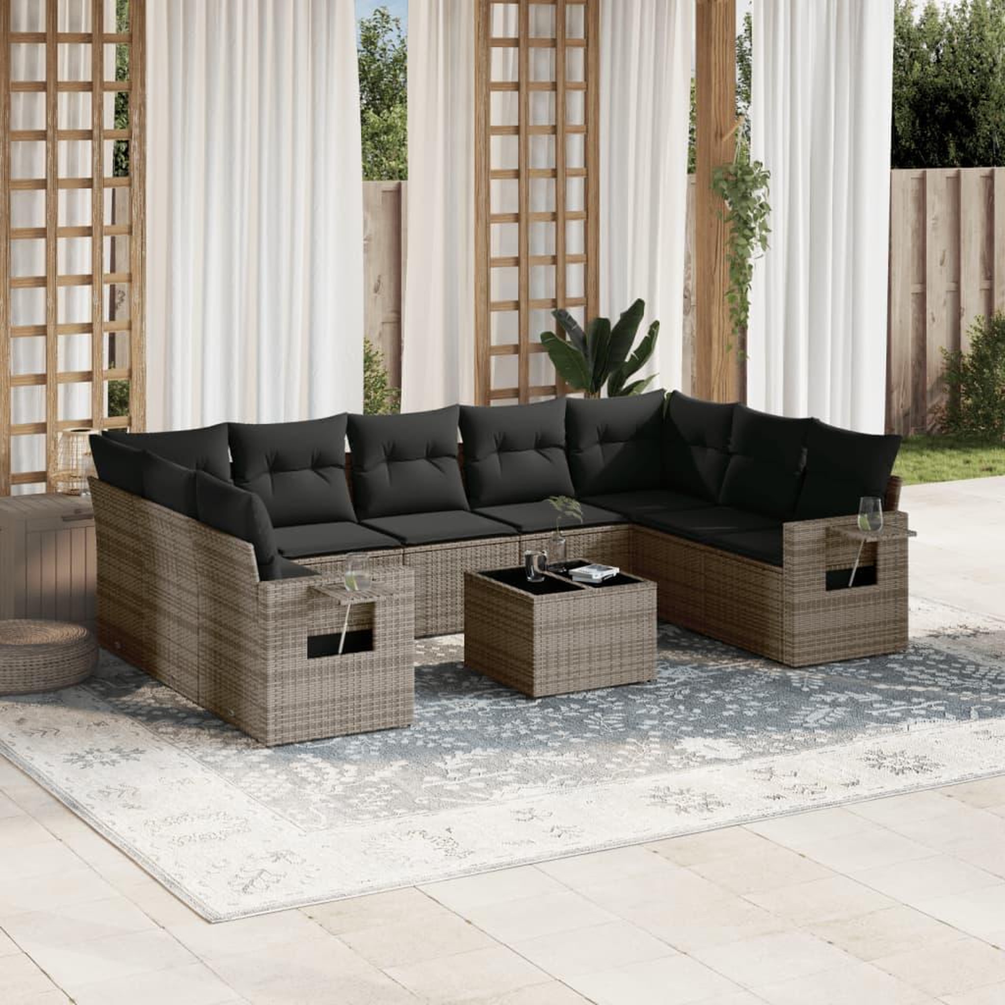 VIDAXL Salon de jardin avec coussins 10 pcs gris resine tressee