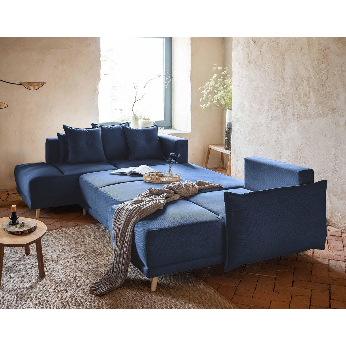 BEST MOBILIER Lena - canapé panoramique d'angle gauche 7 places - convertible avec coffre - en velours côtelé