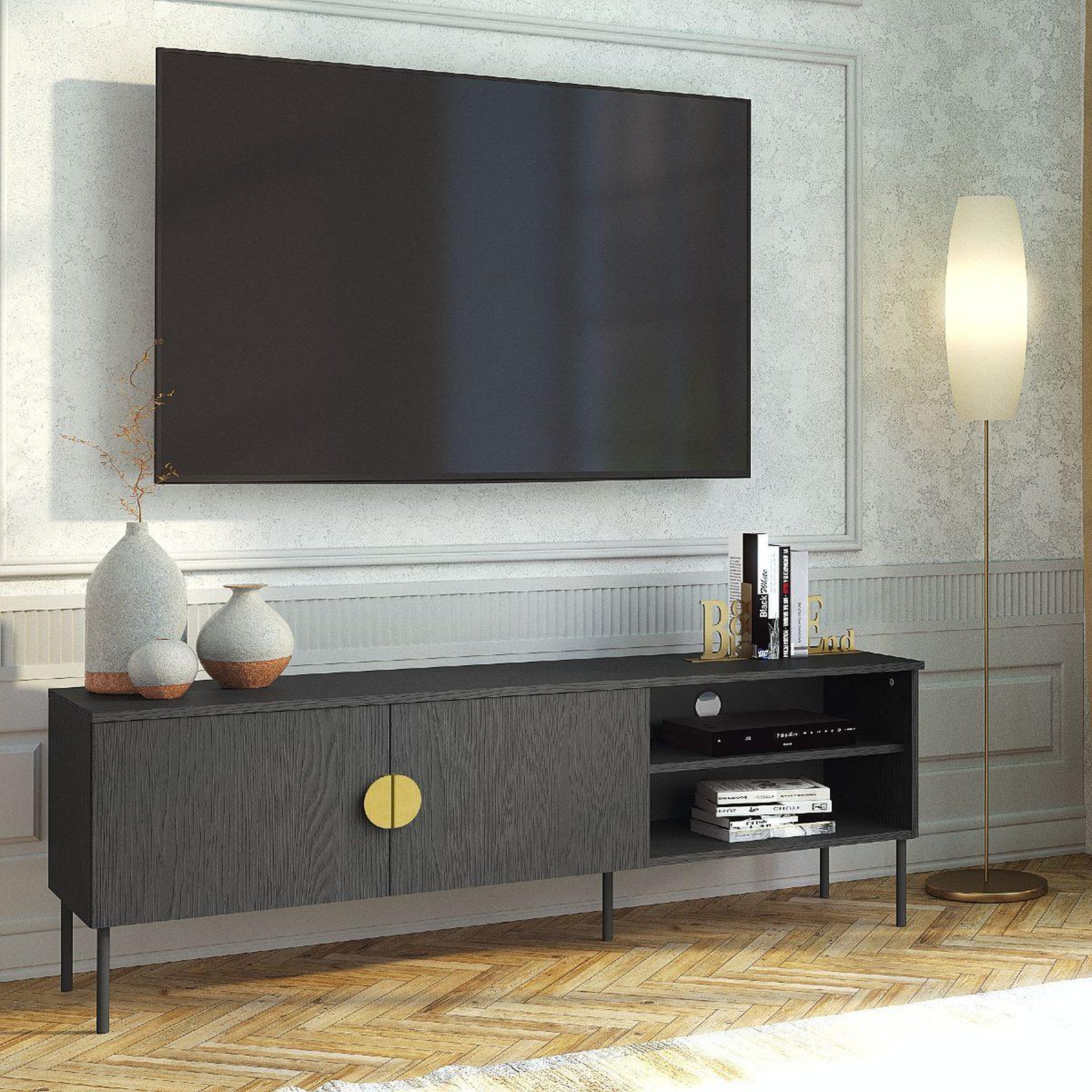 Voir la diapositive 2 : JLC KREATION Meuble tv moderne noir et or 160cm dimitri