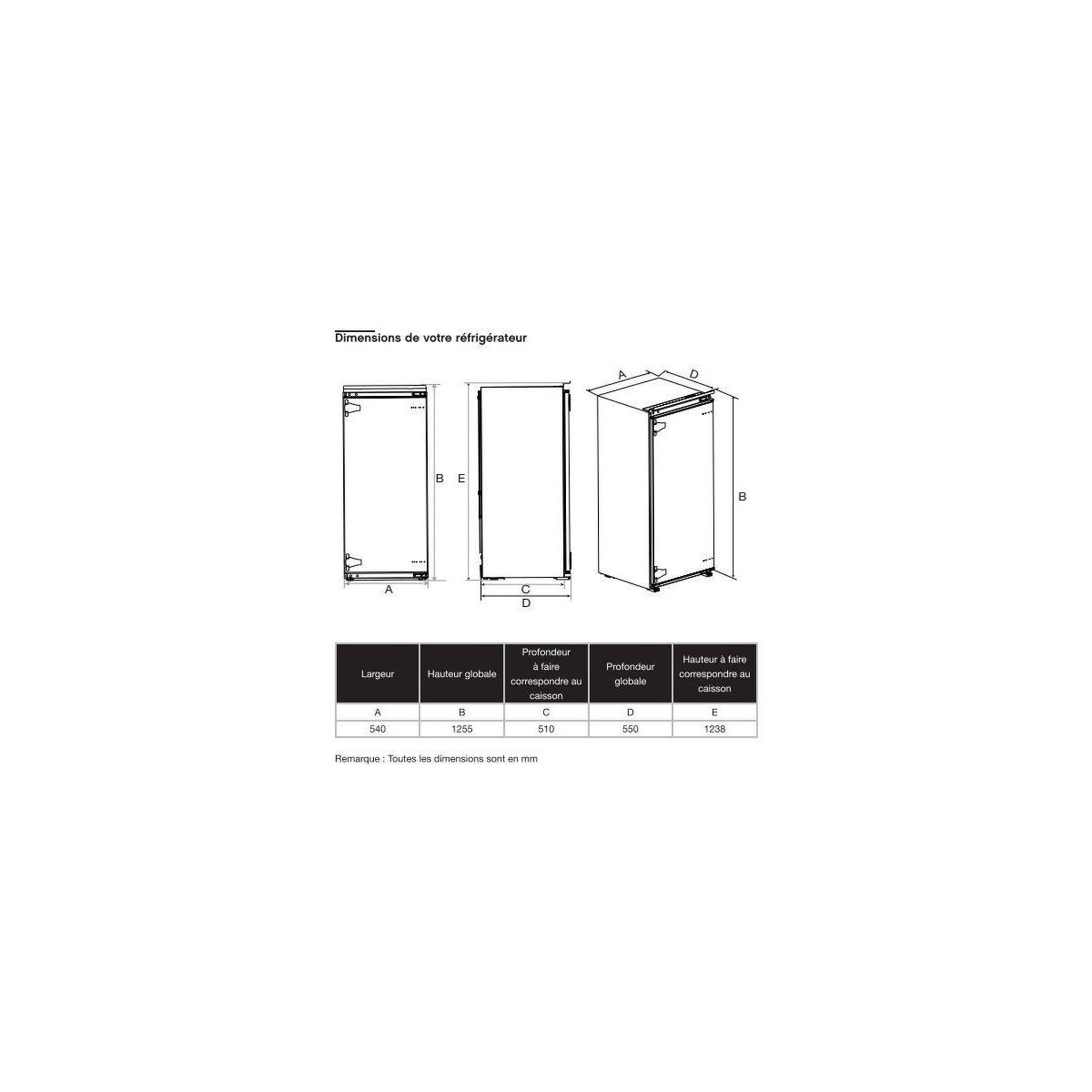 Voir la diapositive 3 : ESSENTIEL B Réfrigérateur 1 porte encastrable erli125-55mib1
