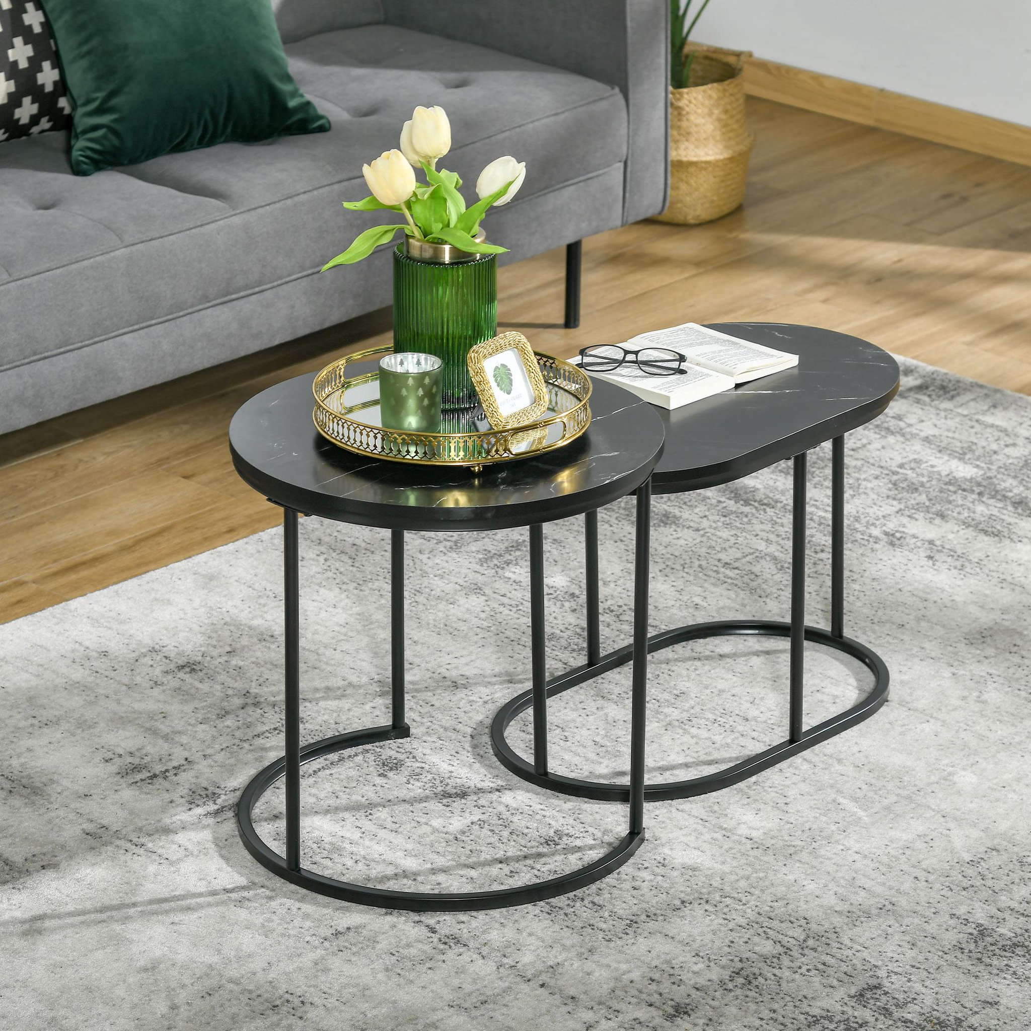 Voir la diapositive 3 : HOMCOM Lot de 2 tables basses gigognes - tables d'appoint encastrables style contemporain - piètement acier plateau MDF aspect marbre noir