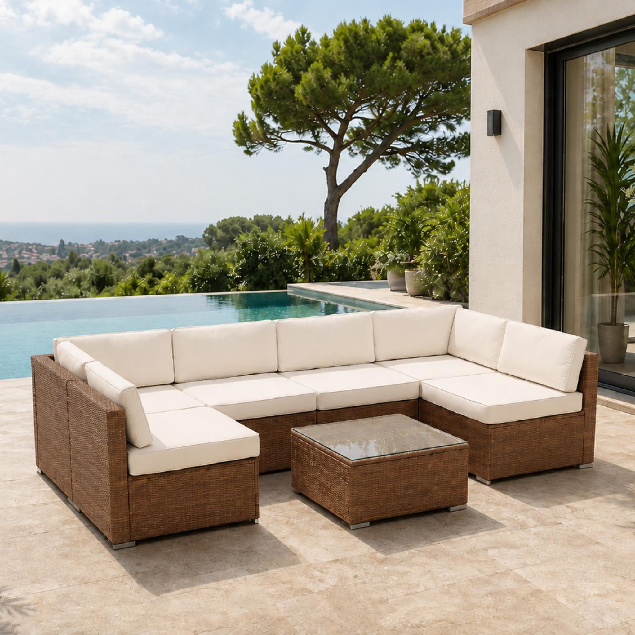 Voir la diapositive 4 : CONCEPT USINE Salon de jardin 6 places modulable en résine tressée marron et beige qamea