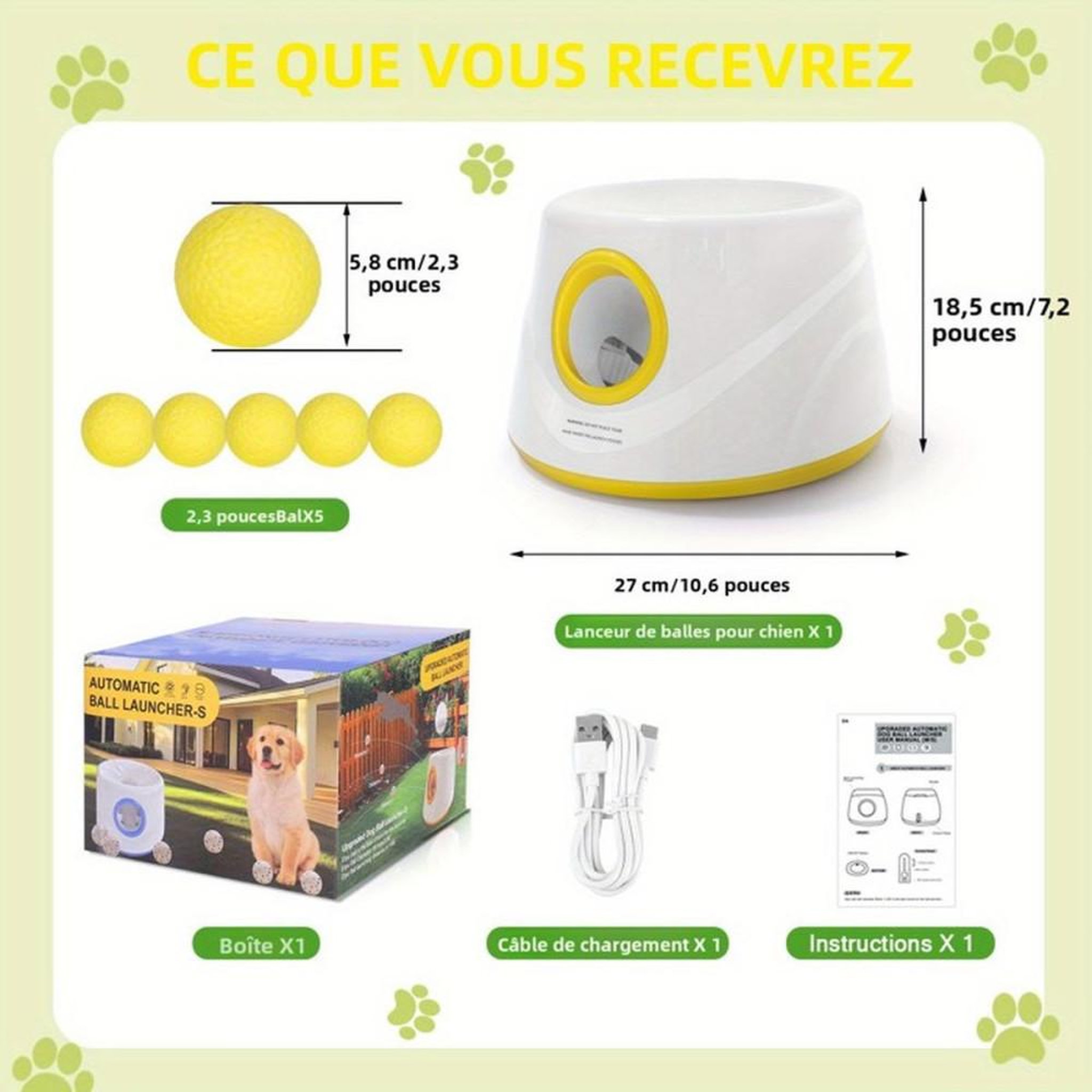 Voir la diapositive 2 : Lance-balles automatique pour chien avec 5 balles en mousse 58 mm et 3 distances 6 à 14 m
