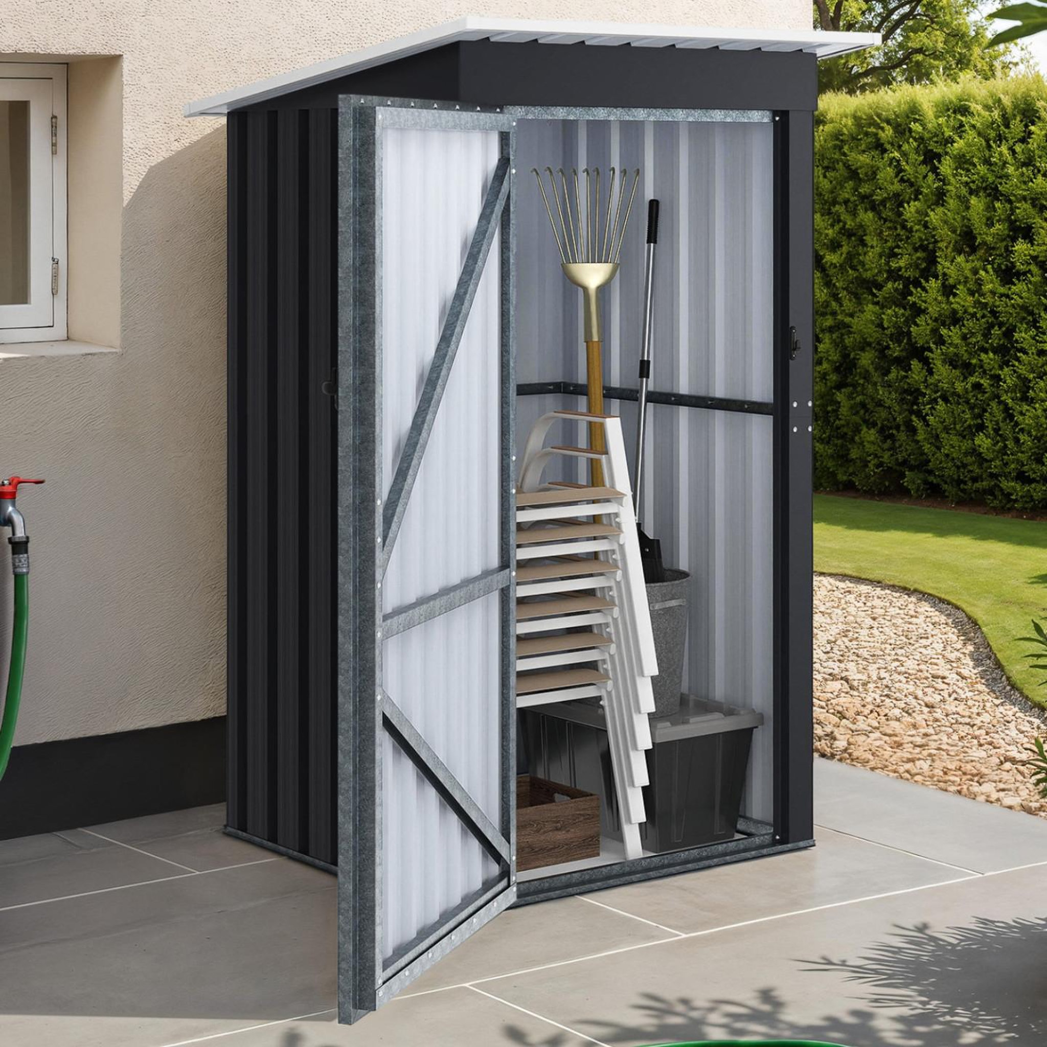 Voir la diapositive 4 : ID MARKET Abri de jardin gris en acier galvanisé 100 x 95 x 160 cm avec toit incliné 1 porte