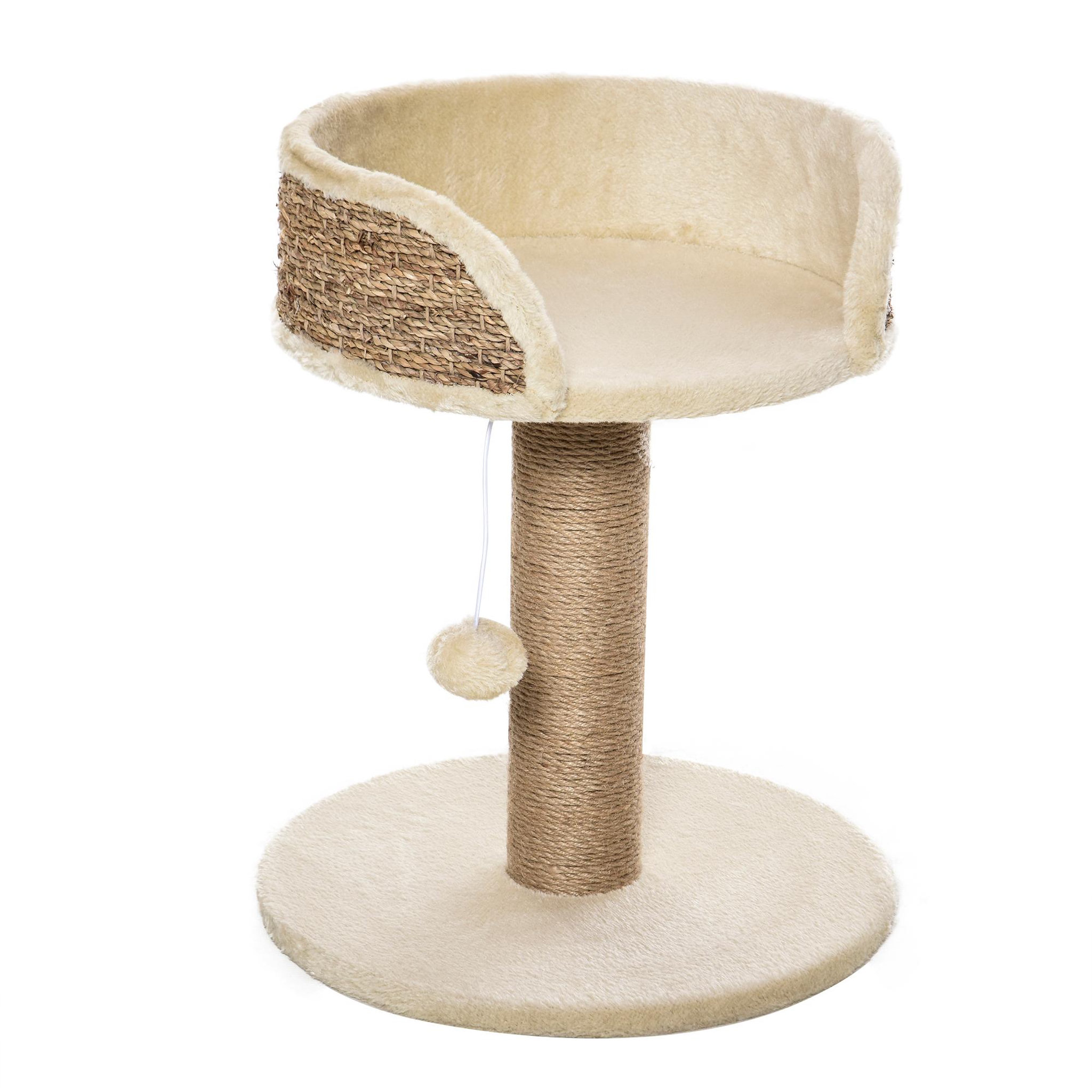 PAWHUT Arbre à chat griffoir 2 niveaux h. 49 cm - poteau sisal, plateforme observation, jeu de boule suspendue - jute polyester beige
