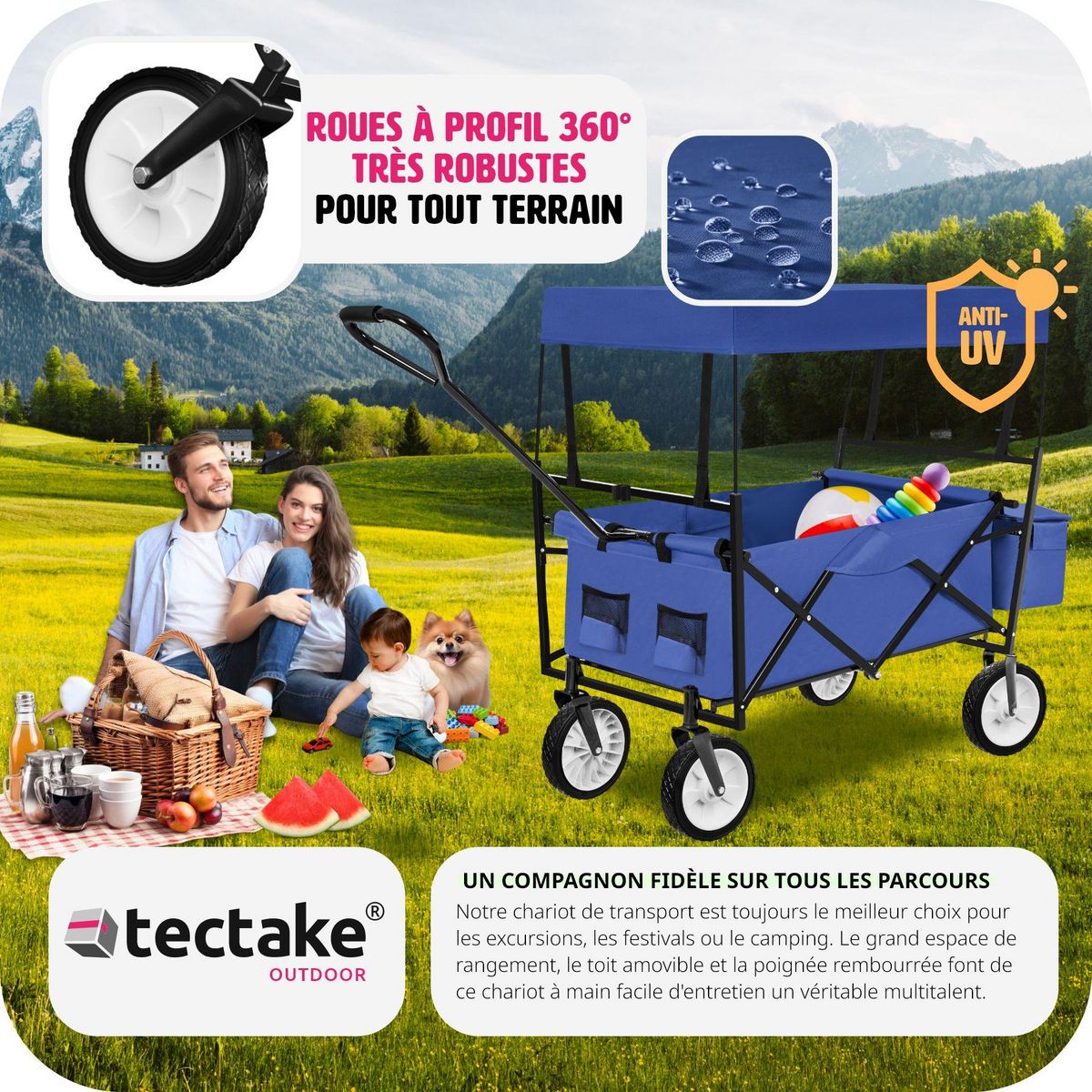 tectake Chariot de jardin et de transport pliable avec toit bleu