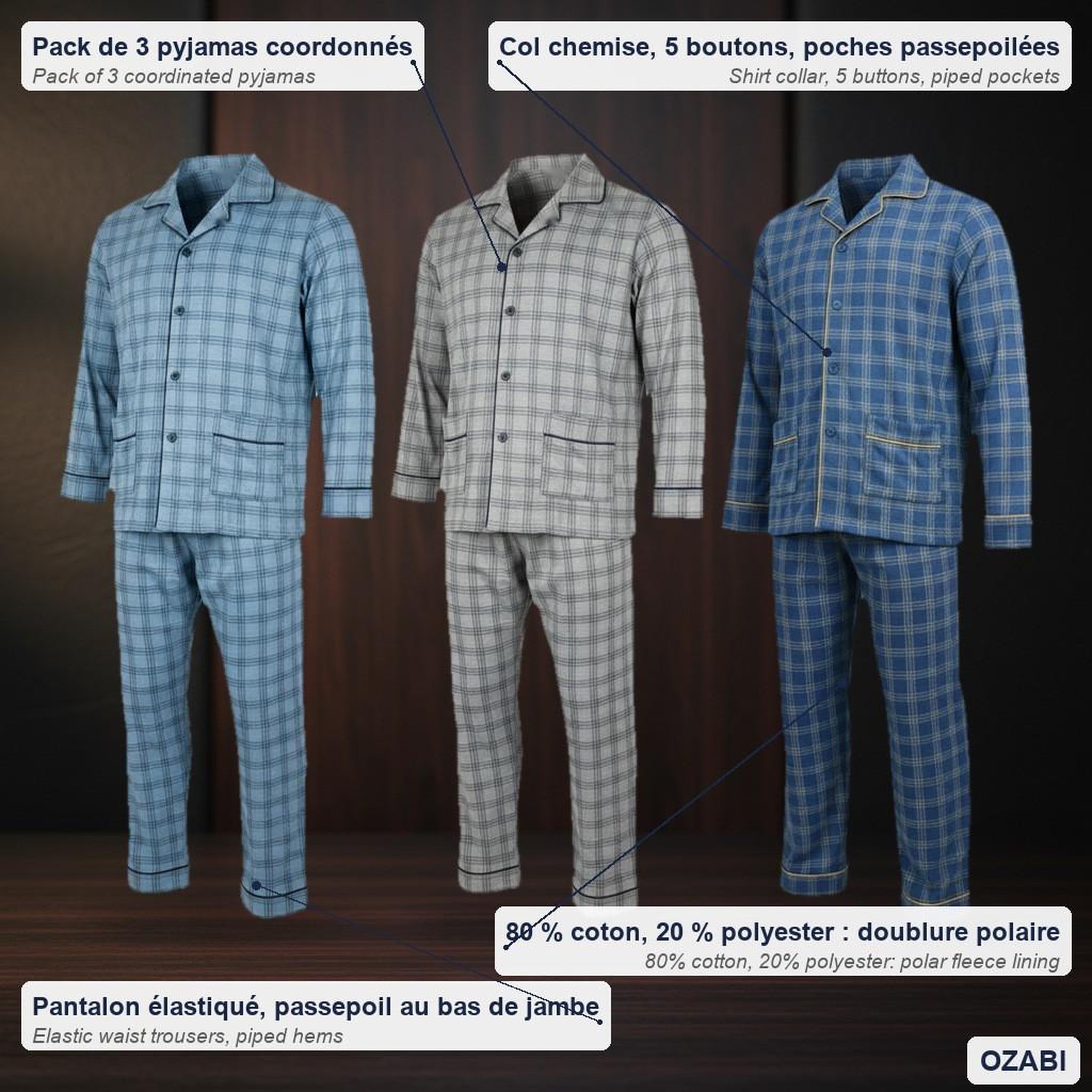 Voir la diapositive 5 : OZABI OZABI Pyjama Homme Boutonné Pack de 3, Coton Doublé Polaire, Manches Longues
