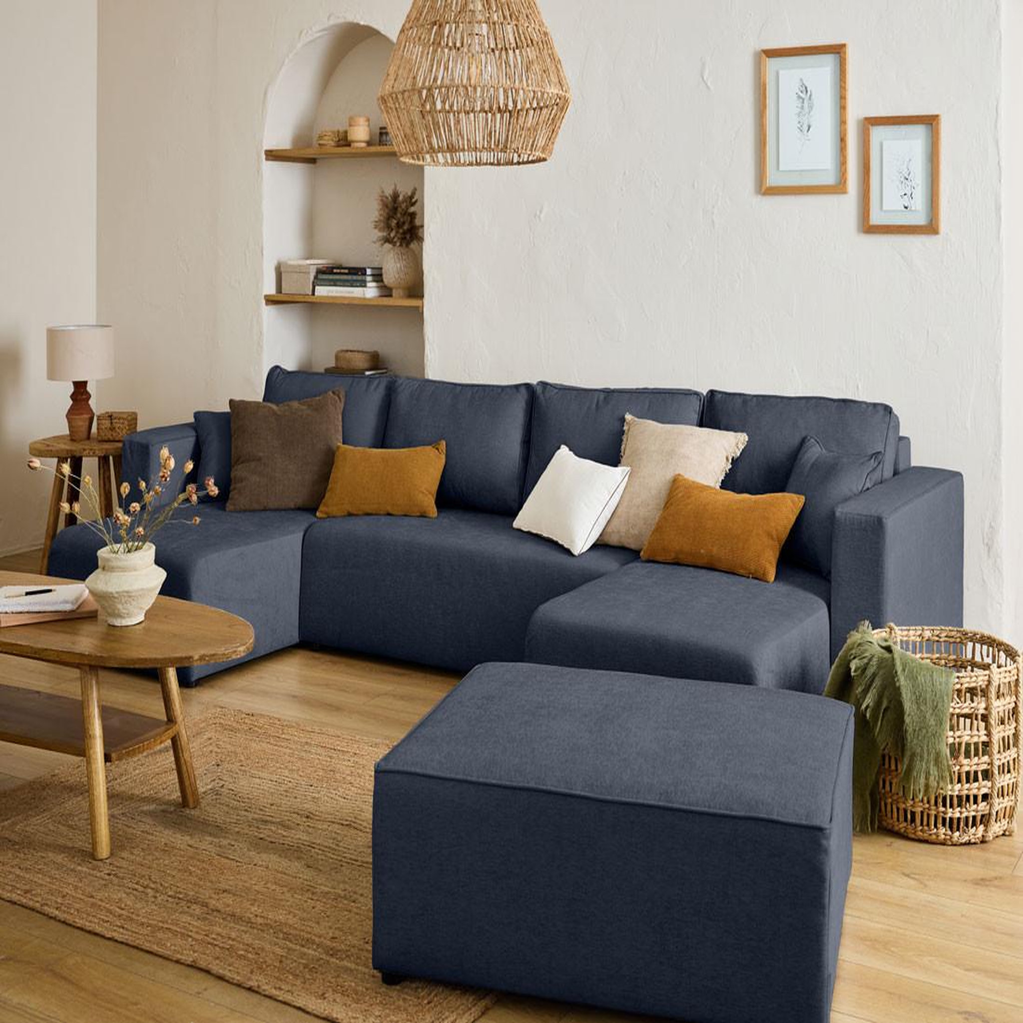 Voir la diapositive 2 : BEST MOBILIER Topaze - canapé panoramique - 7 places - convertible avec coffre - en tissu