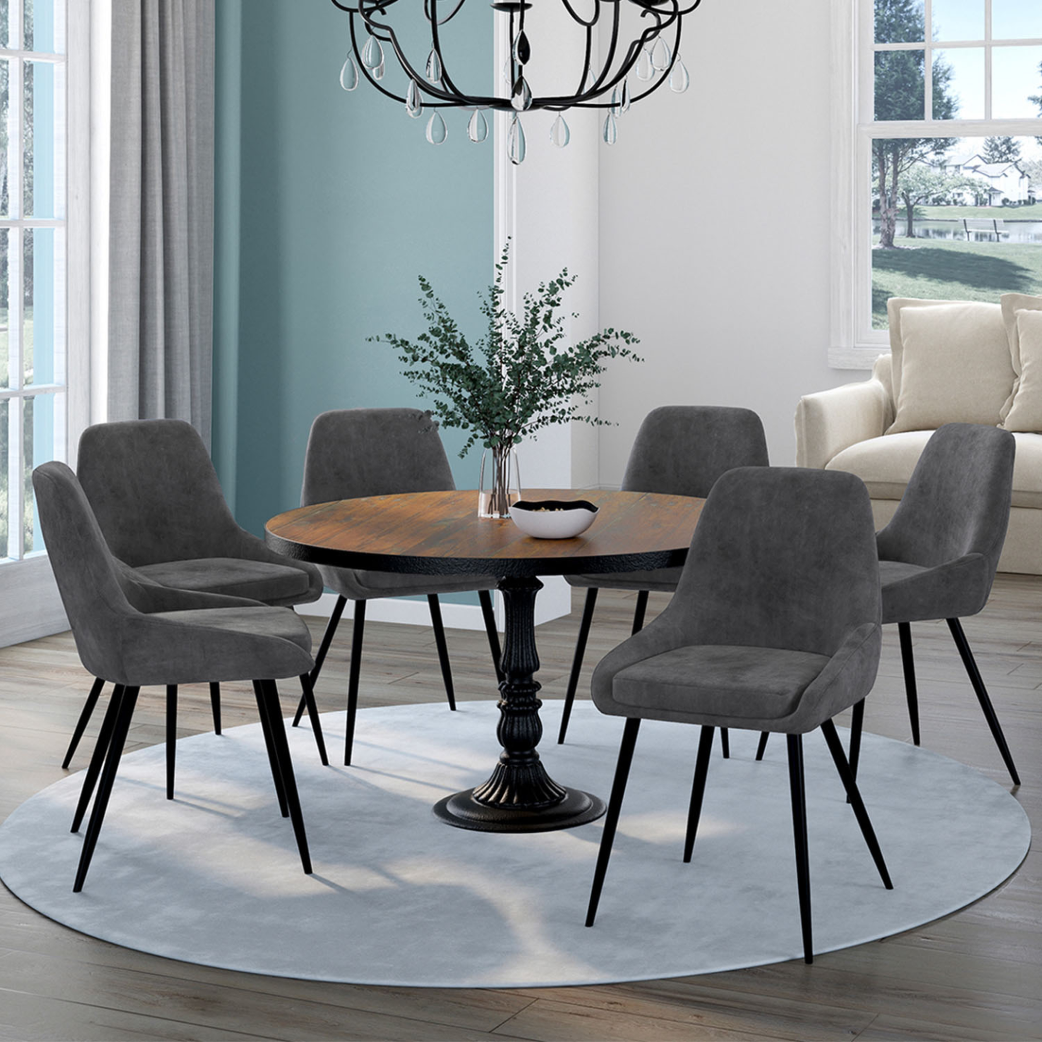 Voir la diapositive 2 : ID MARKET Lot de 6 chaises thalya en velours gris foncé avec accoudoirs