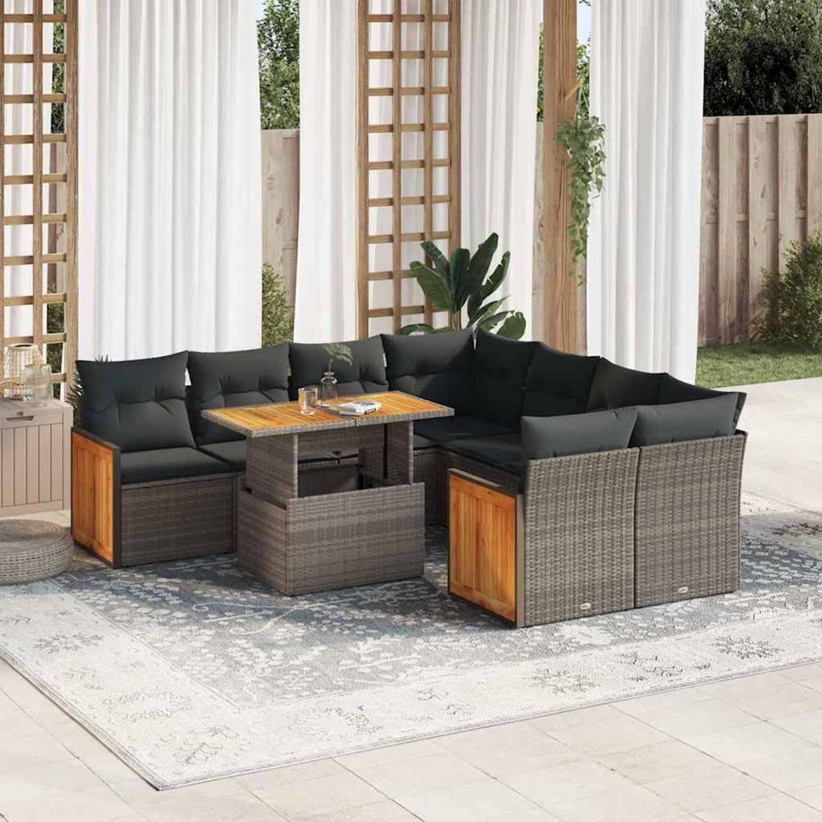 VIDAXL Salon de jardin avec coussins 9 pcs gris resine tressee acacia