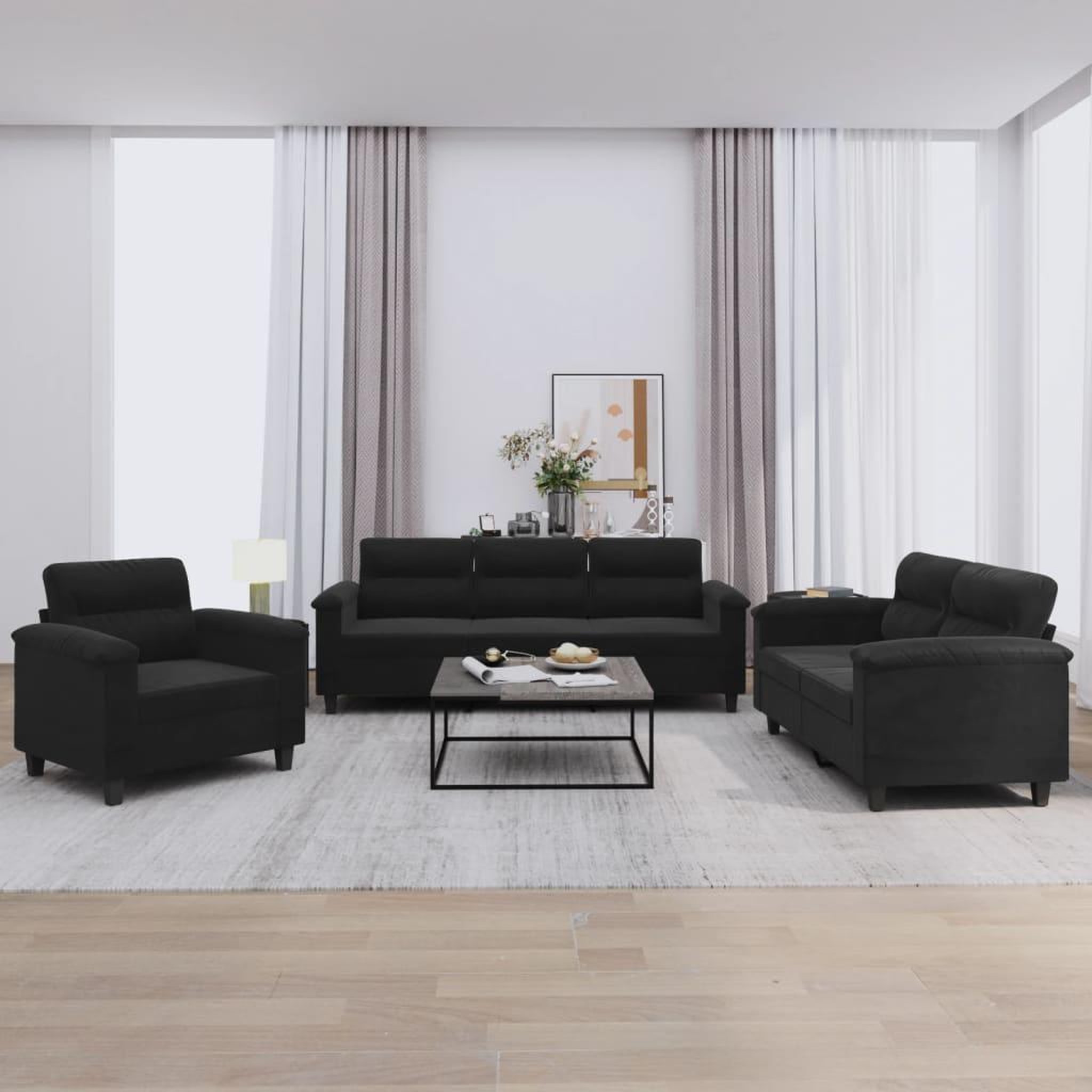 VIDAXL Ensemble de canapes 3 pcs avec coussins noir tissu microfibre