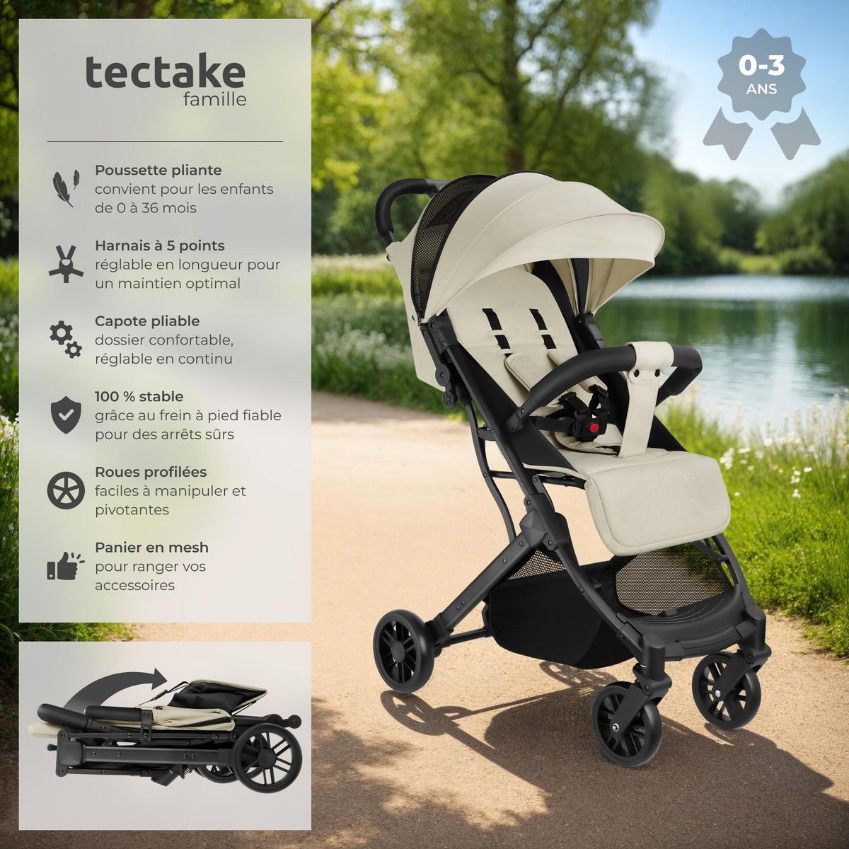 tectake Poussette buggy pliage à une main avec harnais à 5 points, frein de stationnement et arceau de sécurité gris/beige