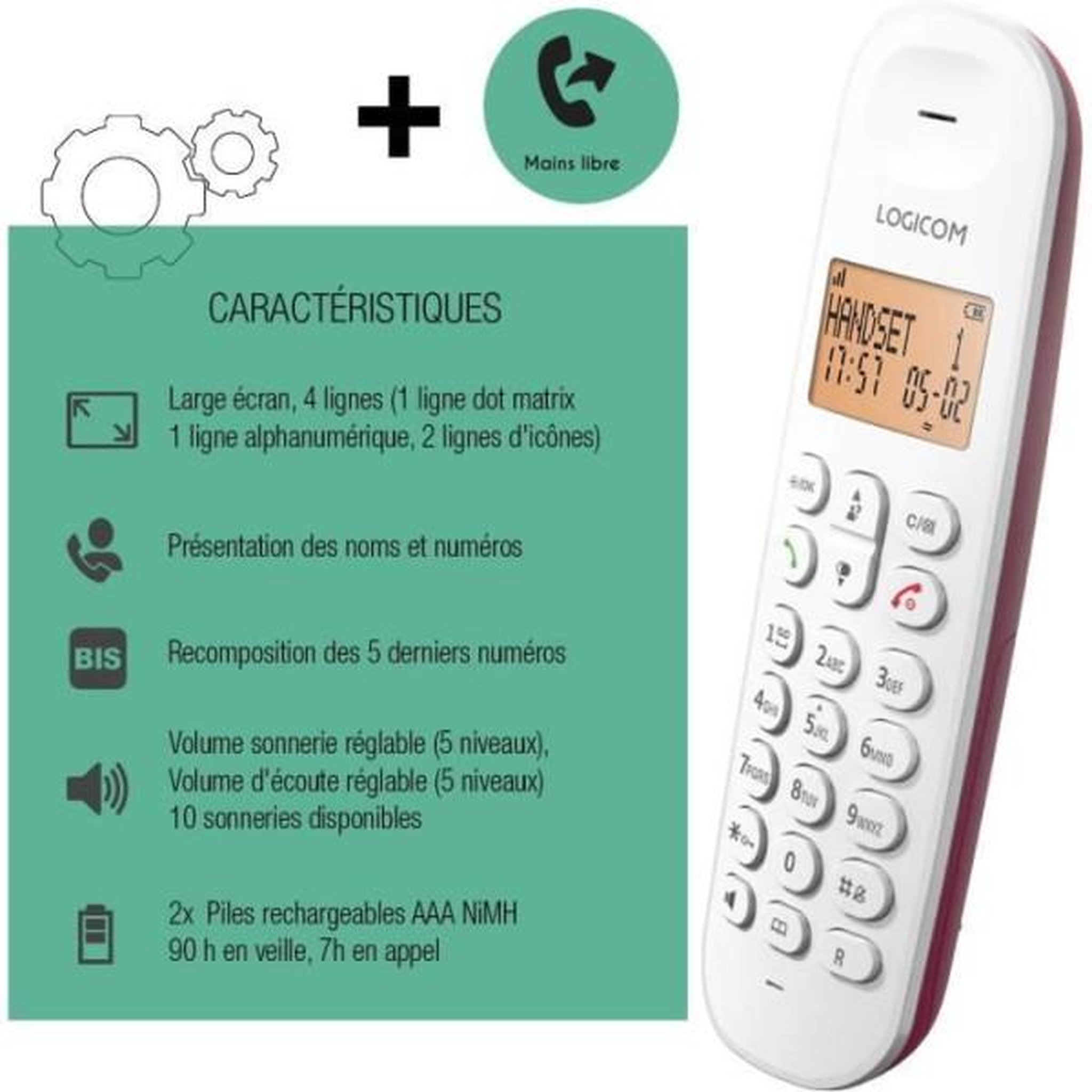 Voir la diapositive 6 : Logicom Téléphone fixe sans fil - LOGICOM - DECT ILOA 150 SOLO - Framboise - Sans répondeur