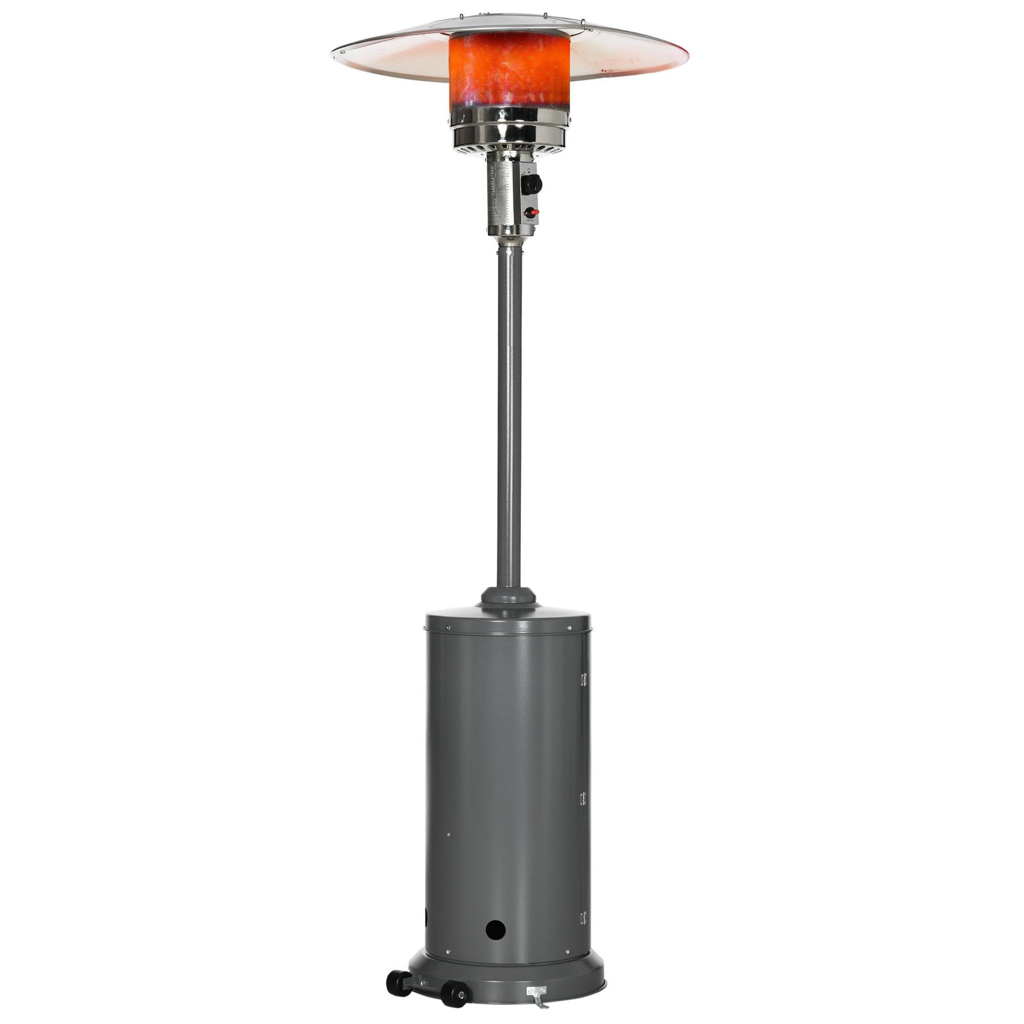 Voir la diapositive 1 : OUTSUNNY Parasol chauffant commercial 12,5 kW - chauffage extérieur gaz - chauffage de terrasse - double sécurité - puissance réglable - roulettes - acier inox. gris