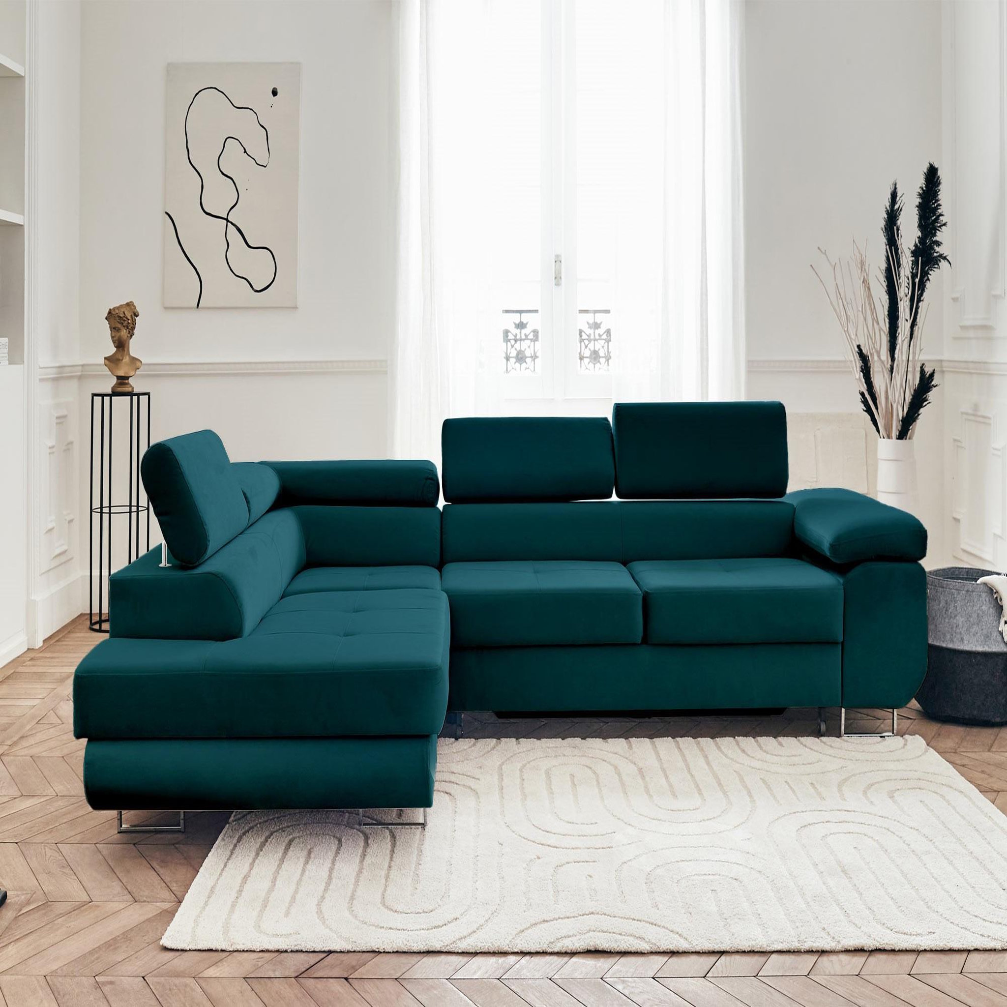 Voir la diapositive 6 : BEST MOBILIER Pablo - canapé d'angle gauche - 5 places - convertible avec coffre et têtières réglables - en velours