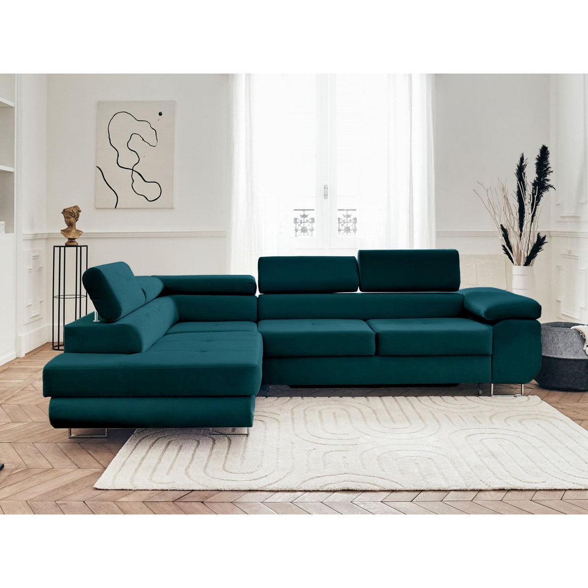 BEST MOBILIER Pablo - canapé d'angle gauche - 5 places - convertible avec coffre et têtières réglables - en velours