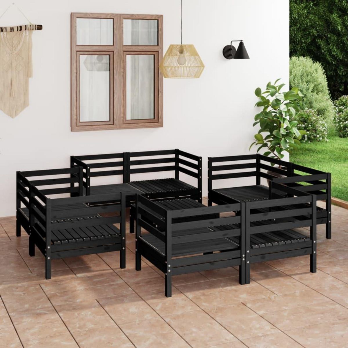 VIDAXL Salon de jardin 9 pcs Noir Bois de pin massif