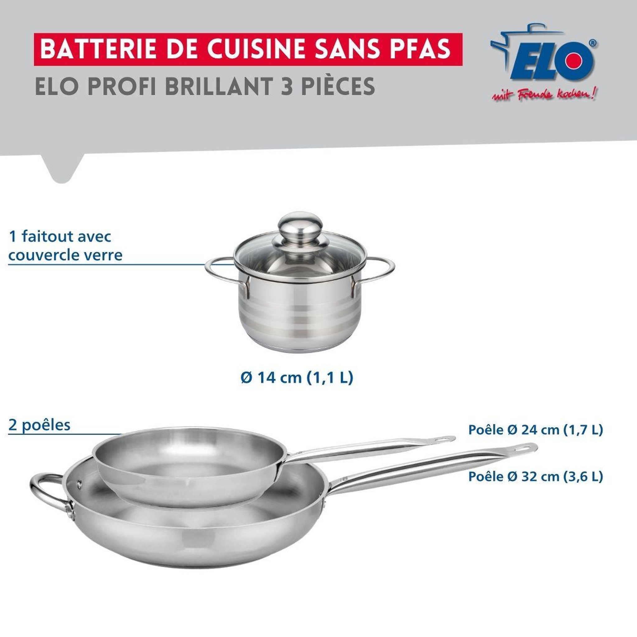Voir la diapositive 2 : ELO Ensemble de 2 poêles de cuisson 24 et 32 cm et 1 faitout 14 cm elo profi brillant