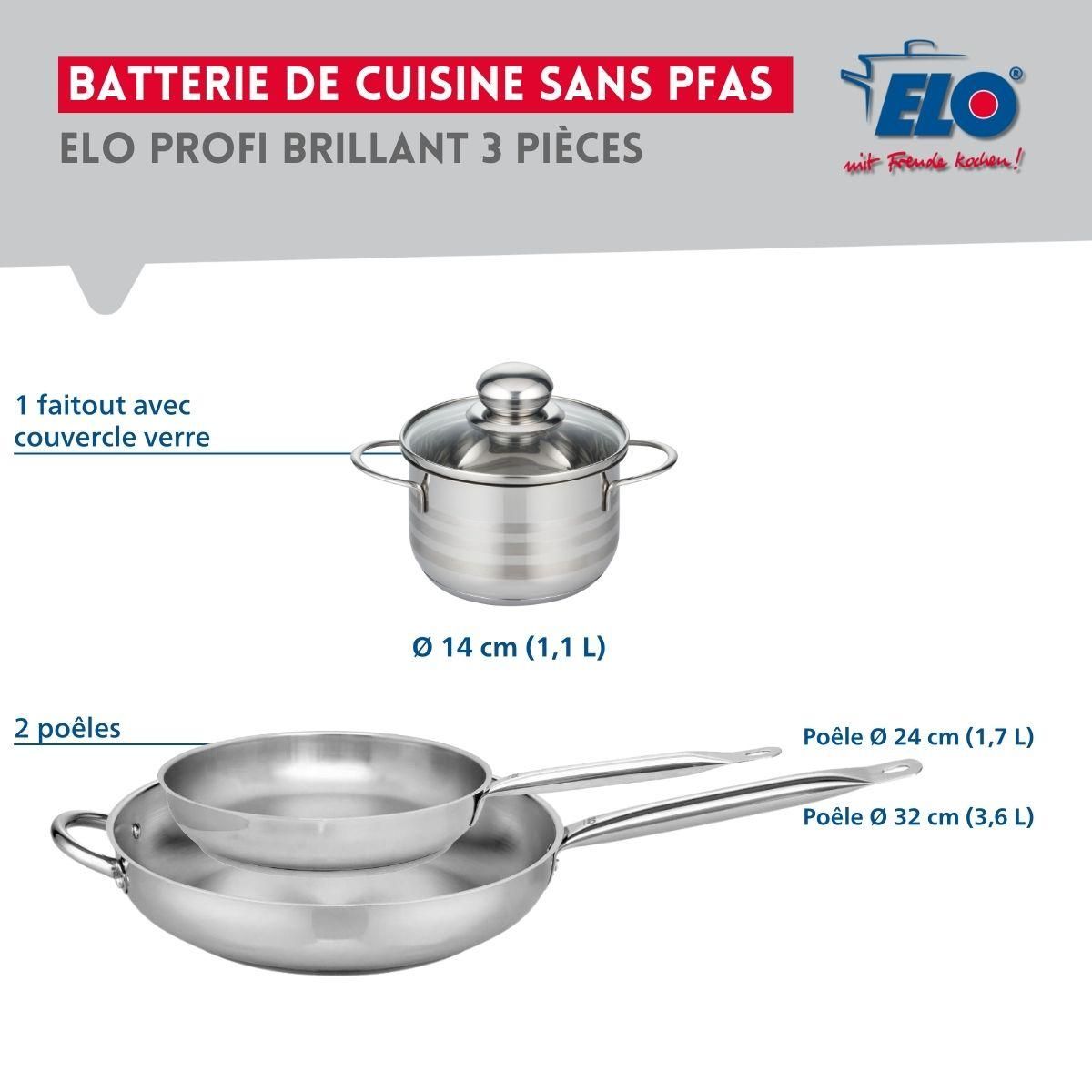 ELO Ensemble de 2 Poêles de cuisson 24 et 32 cm et 1 faitout 14 cm Elo Profi Brillant