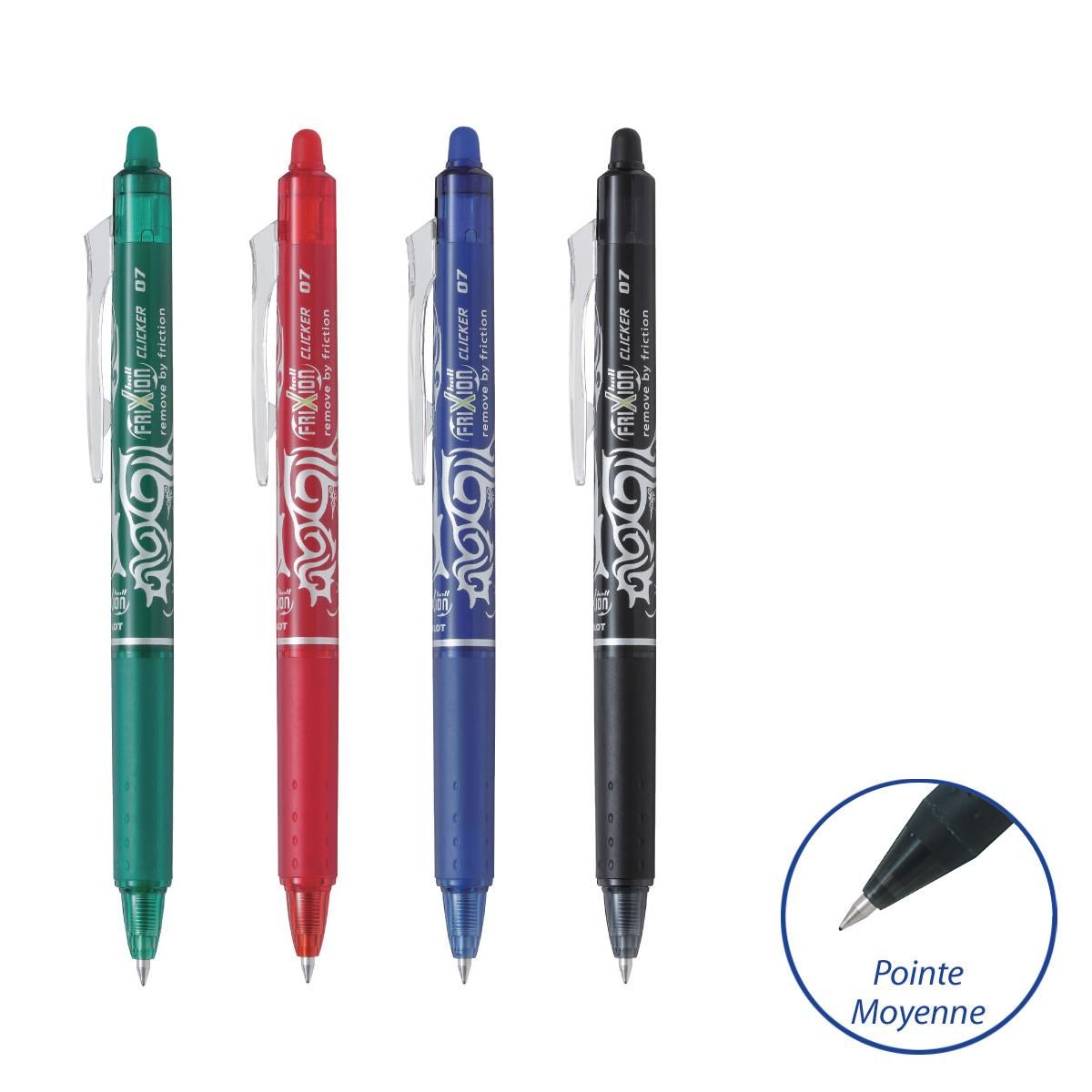 PILOT Lot de 4 stylos effaçables pointe moyenne noir/vert/rouge/bleu FriXion Ball Clicker
