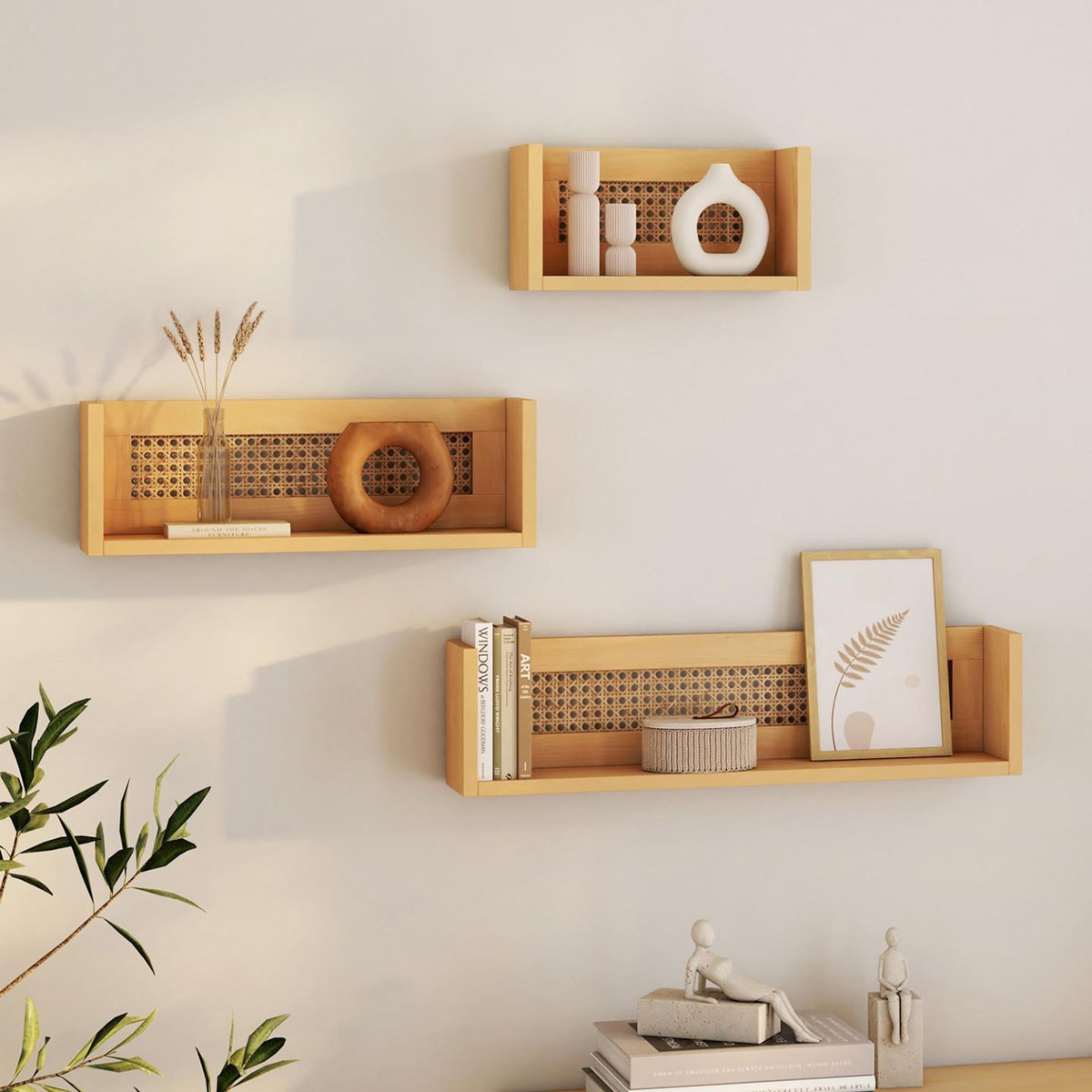 ID MARKET Lot de 3 étagères murales EDHEN bois et cannage 60/45/30 cm