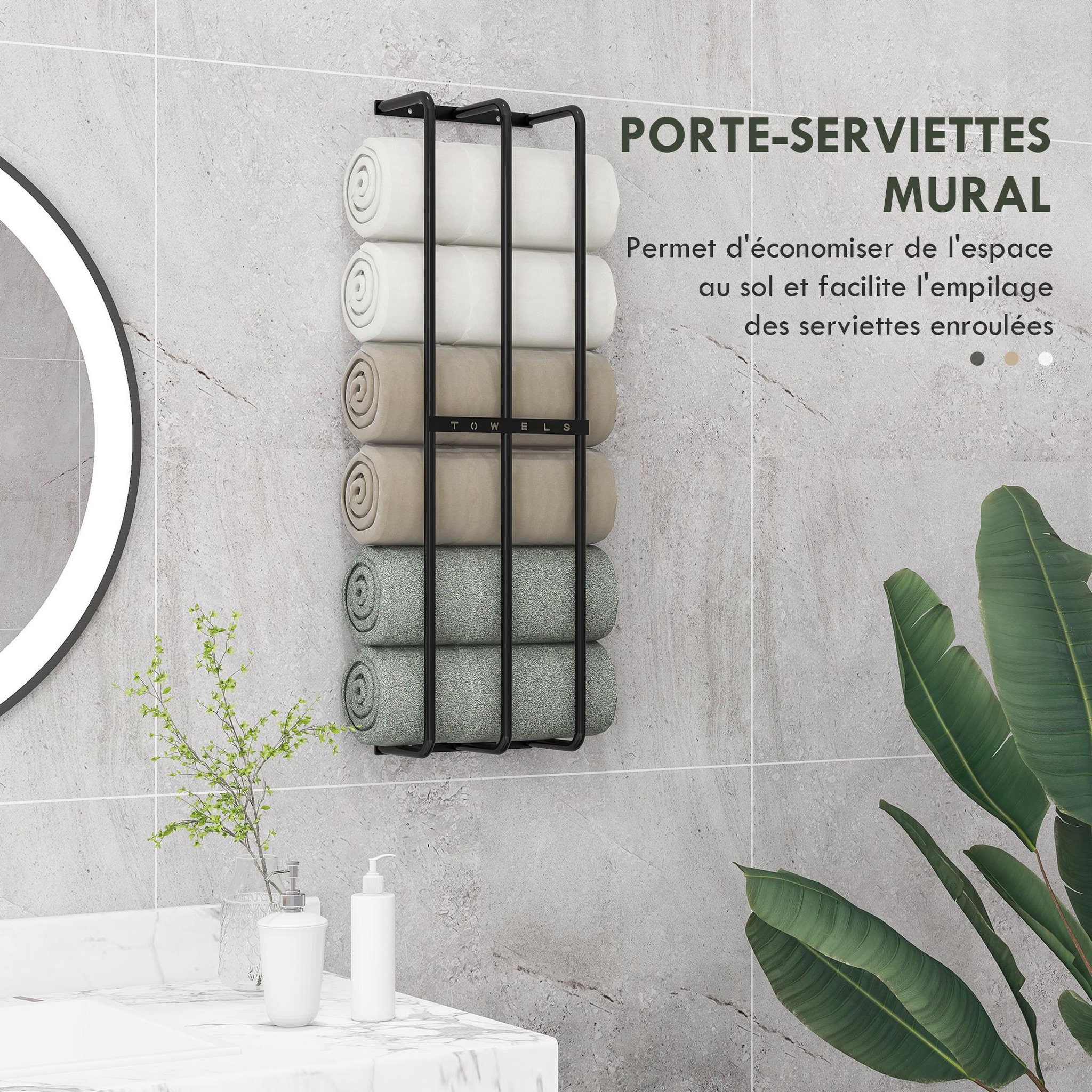 Voir la diapositive 4 : HOMCOM Porte-serviettes mural 3 barres - 6 serviettes max. - dim. 21L x 12l x 74H cm - métal noir