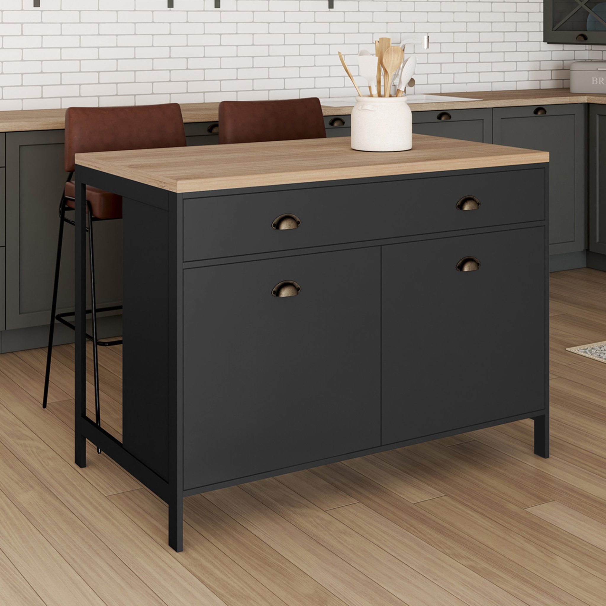 Voir la diapositive 2 : ID MARKET Ilot central 120 cm campagne isis plateau bois façon hêtre et noir