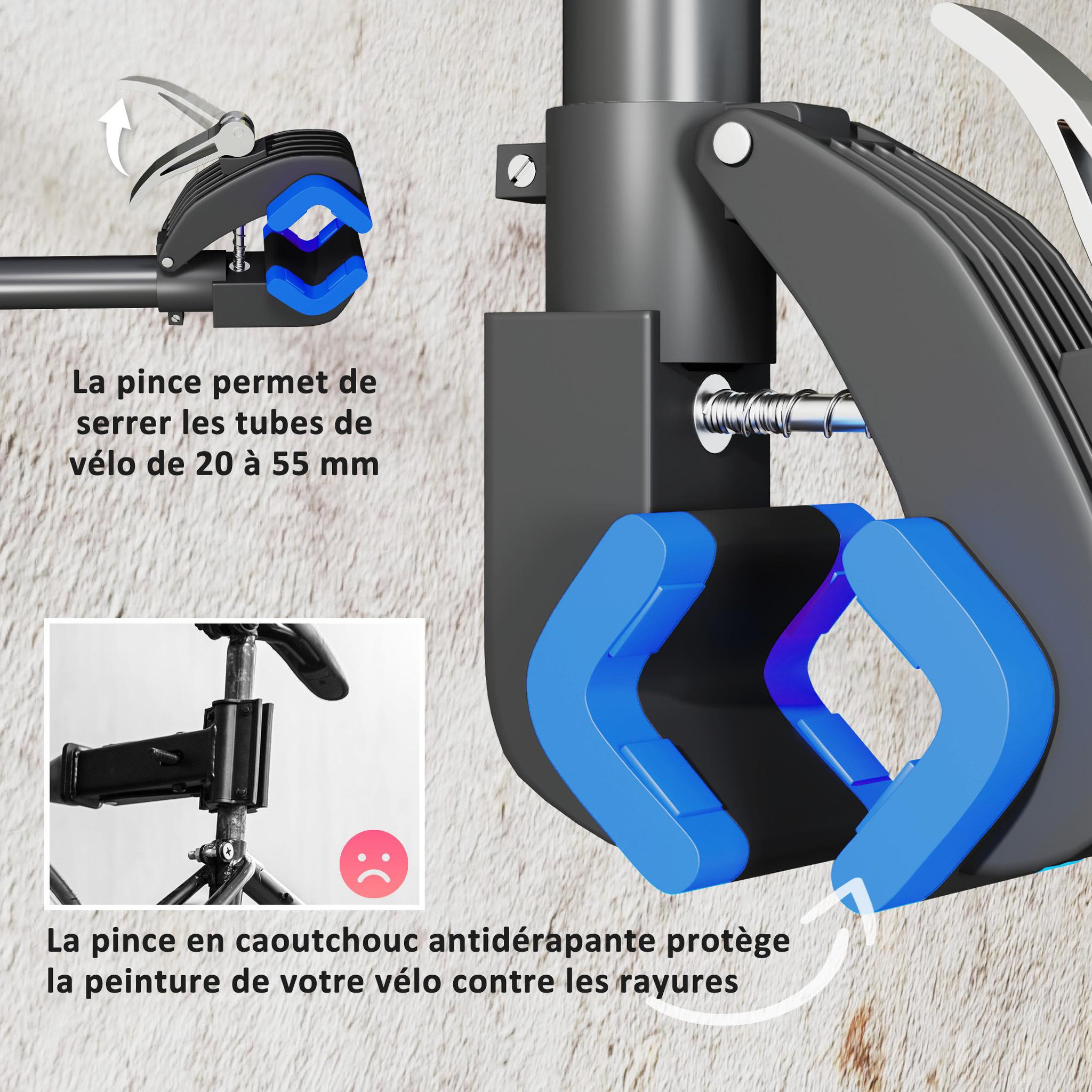 Voir la diapositive 6 : HOMCOM Support de réparation de vélo réglable - pied d'atelier vélo - pince pivotante 360° - charge max. 25 Kg - noir bleu