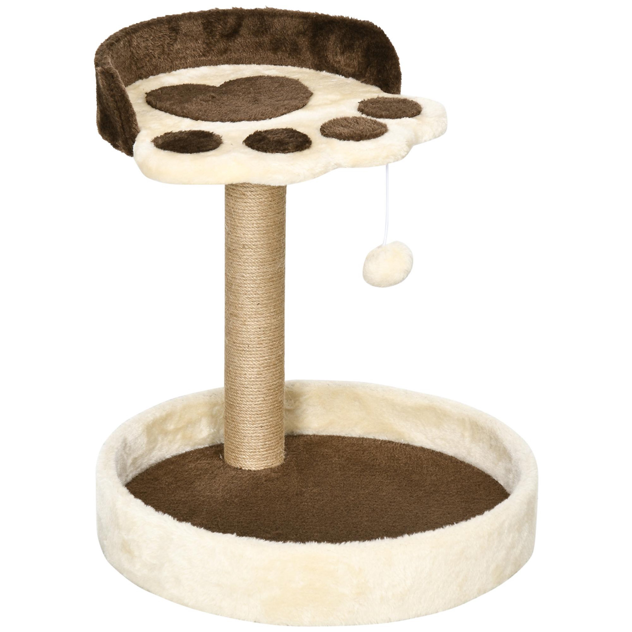 PAWHUT Arbre à chat griffoir design patte de chat jeu boule suspendue panier plateforme observation peluche beige marron jute naturelle