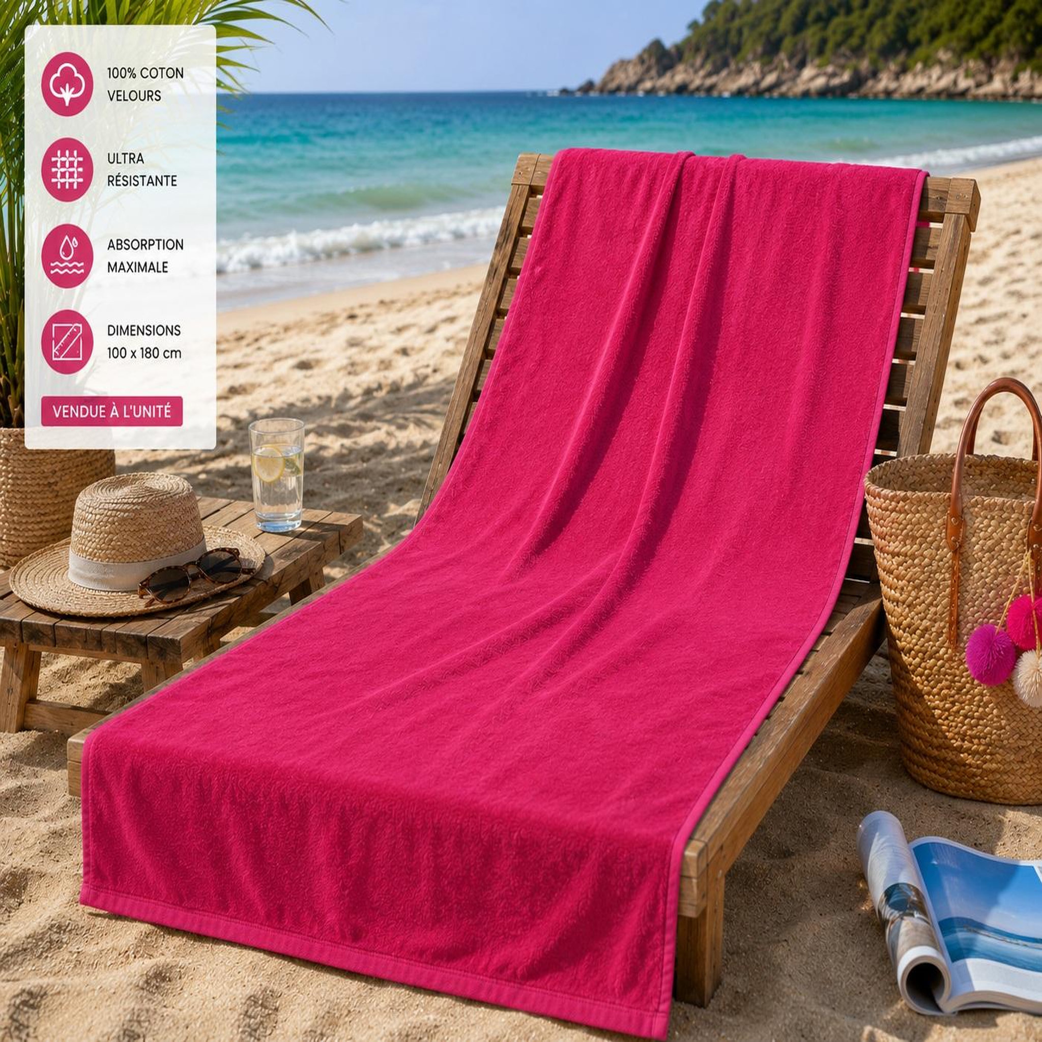 Voir la diapositive 2 : Eden Serviette drap de plage velours 100 x 180 cm uni rose