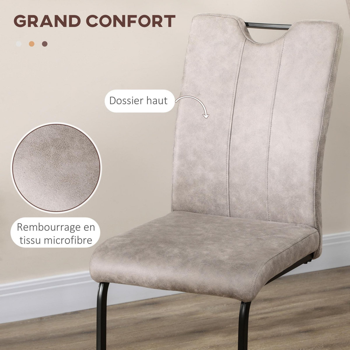 HOMCOM Lot de 4 chaises de salon design cantilever piètement luge acier noir revêtement microfibre gris