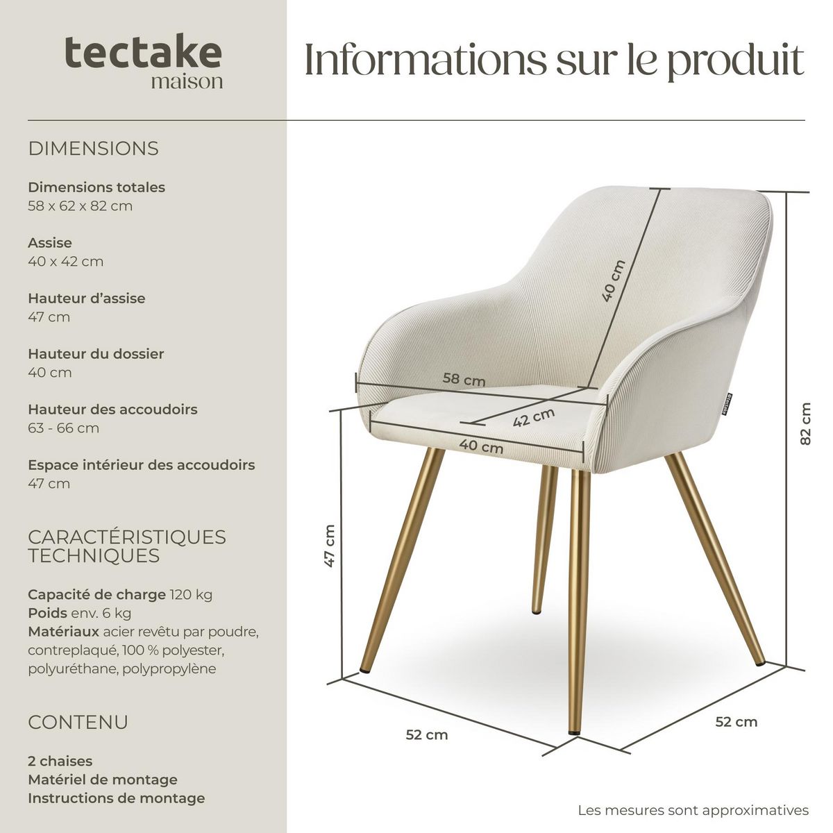 tectake Chaise de salle à manger rembourrée en velours côtelé crème/or Lot de 2