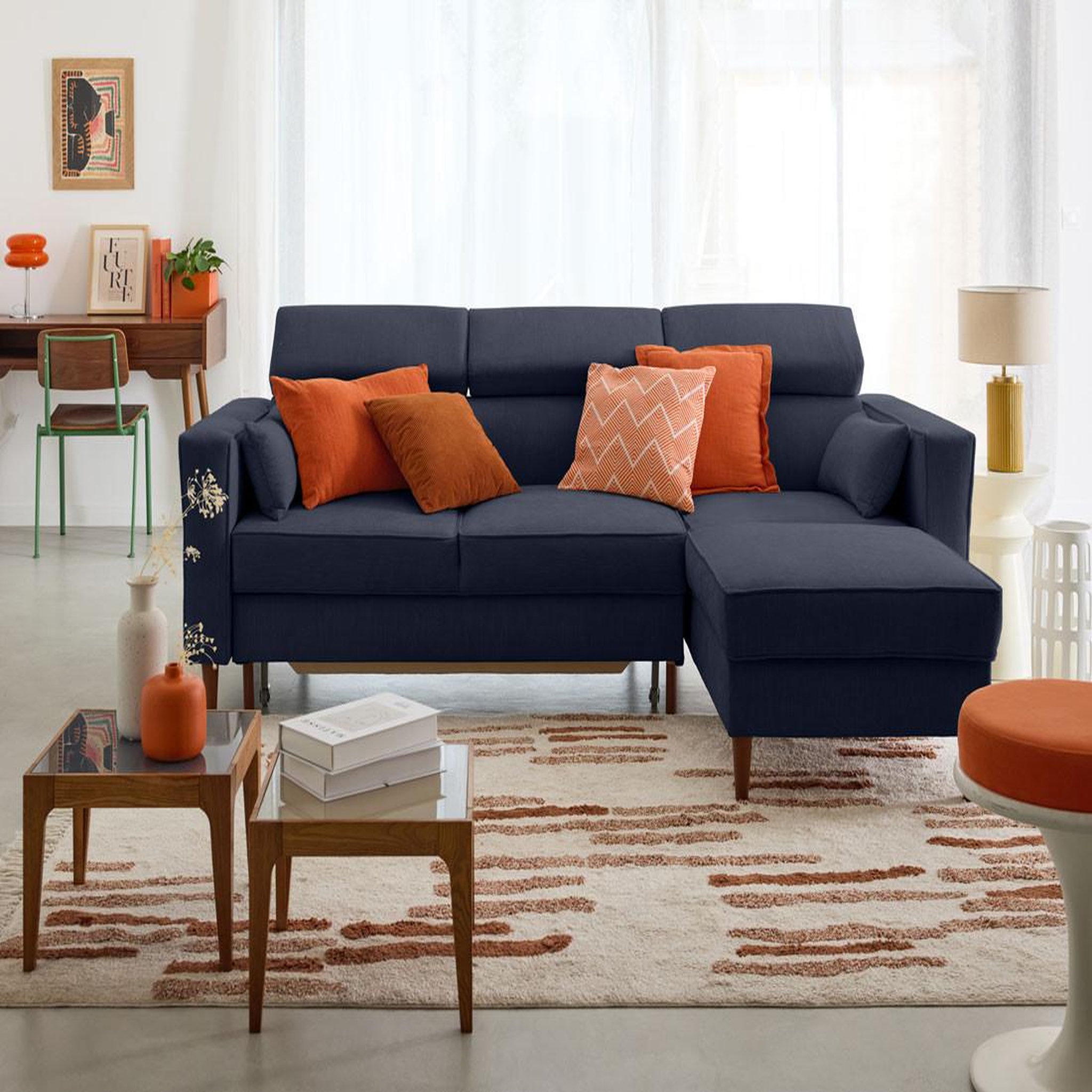 Voir la diapositive 2 : BEST MOBILIER Alicante - canapé d'angle réversible convertible avec têtières - coffre - 4 places - en tissu texturé